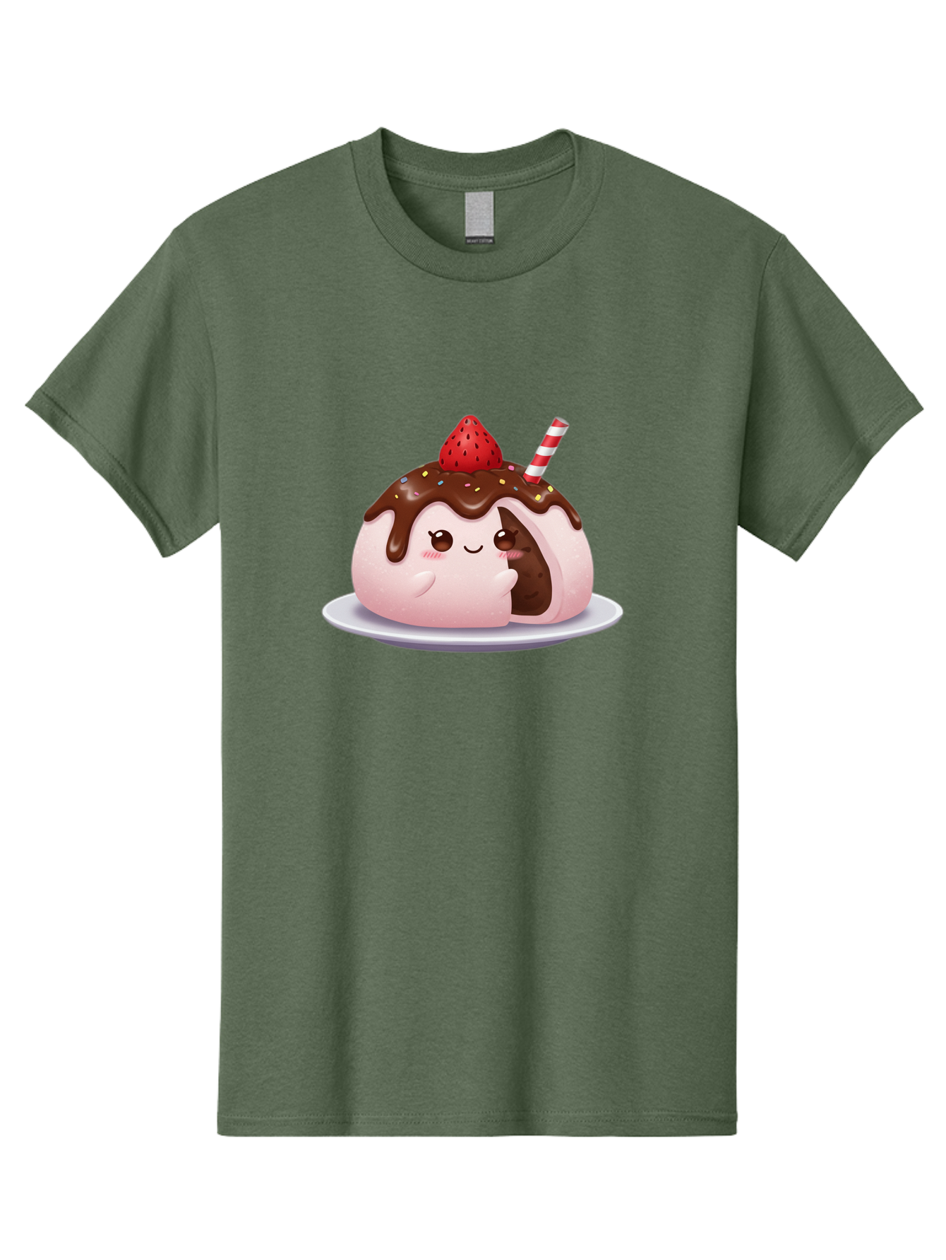 Strawberry-Donut Men'S Graphic Tee, 100% Cotton, Comfortable Casual Summer Wear, Machine Washable, Chocolate Donut, Strawberry Topping, Donut Character, Dessert, Sweet Treat, Chocolate Sauce, Sprinkles, Donut With Straw, Cute Dessert, Bac474
