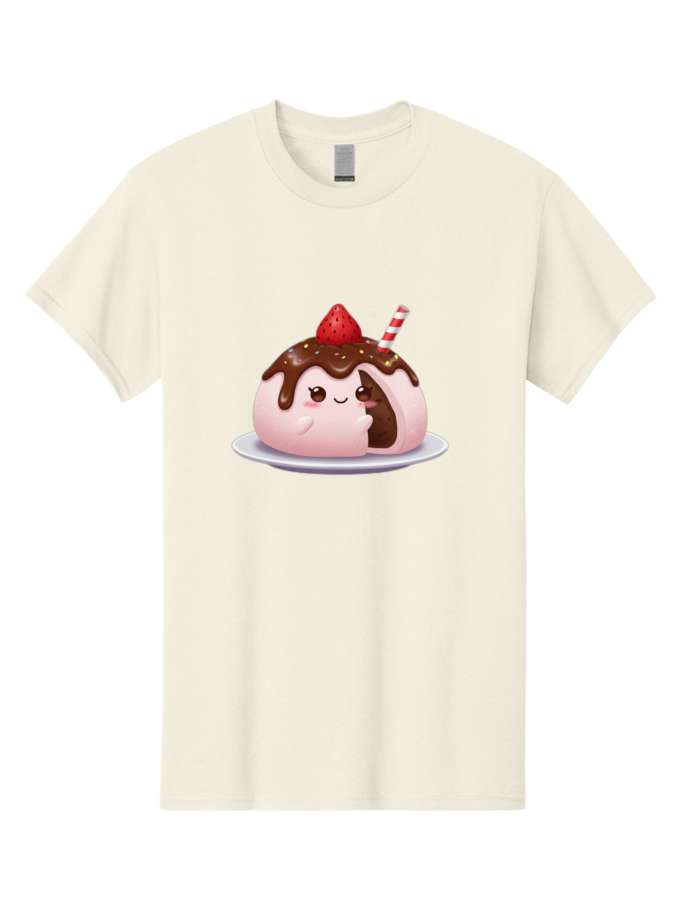 Strawberry-Donut Men'S Graphic Tee, 100% Cotton, Comfortable Casual Summer Wear, Machine Washable, Chocolate Donut, Strawberry Topping, Donut Character, Dessert, Sweet Treat, Chocolate Sauce, Sprinkles, Donut With Straw, Cute Dessert, Bac474