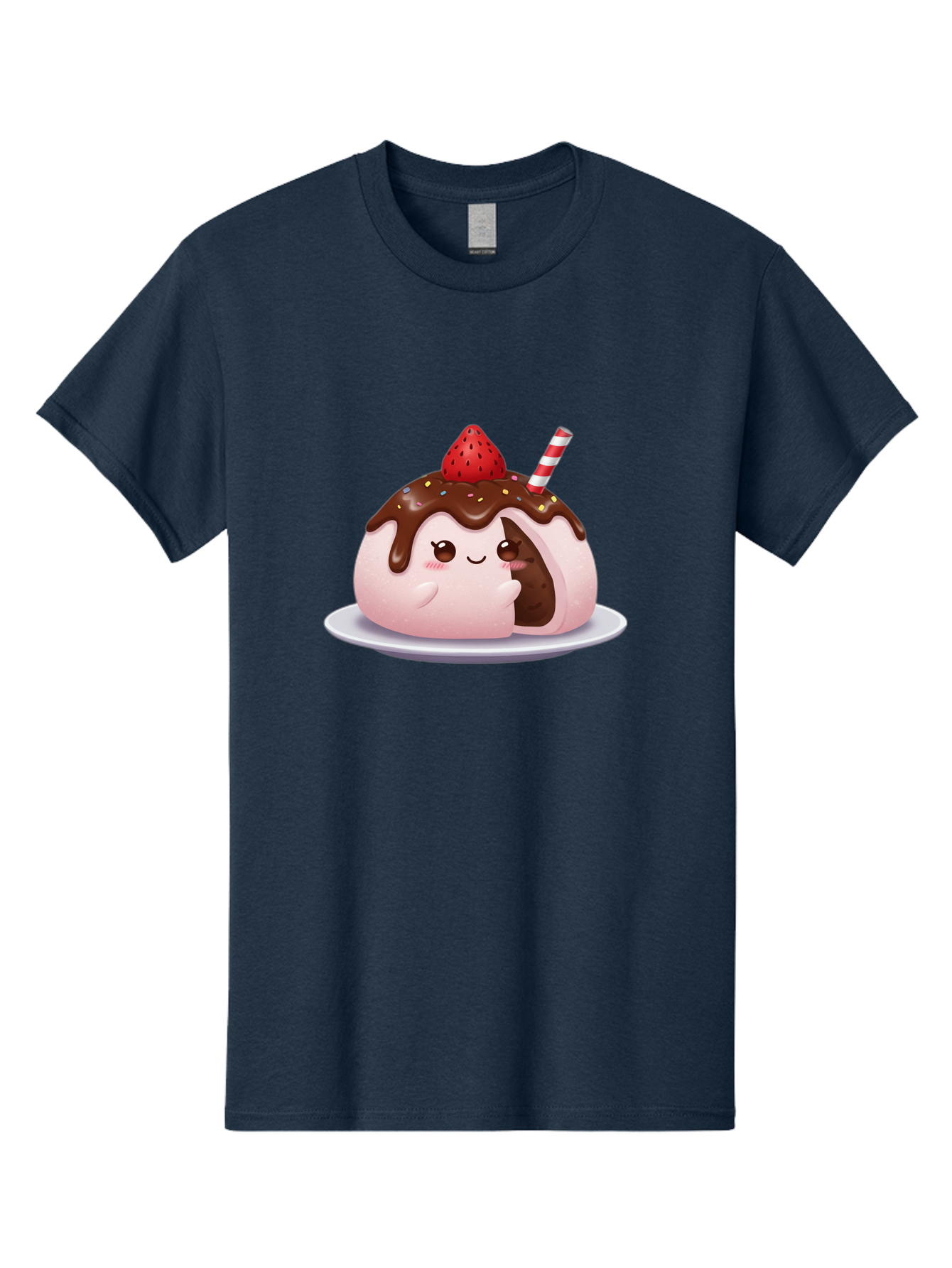 Strawberry-Donut Men'S Graphic Tee, 100% Cotton, Comfortable Casual Summer Wear, Machine Washable, Chocolate Donut, Strawberry Topping, Donut Character, Dessert, Sweet Treat, Chocolate Sauce, Sprinkles, Donut With Straw, Cute Dessert, Bac474