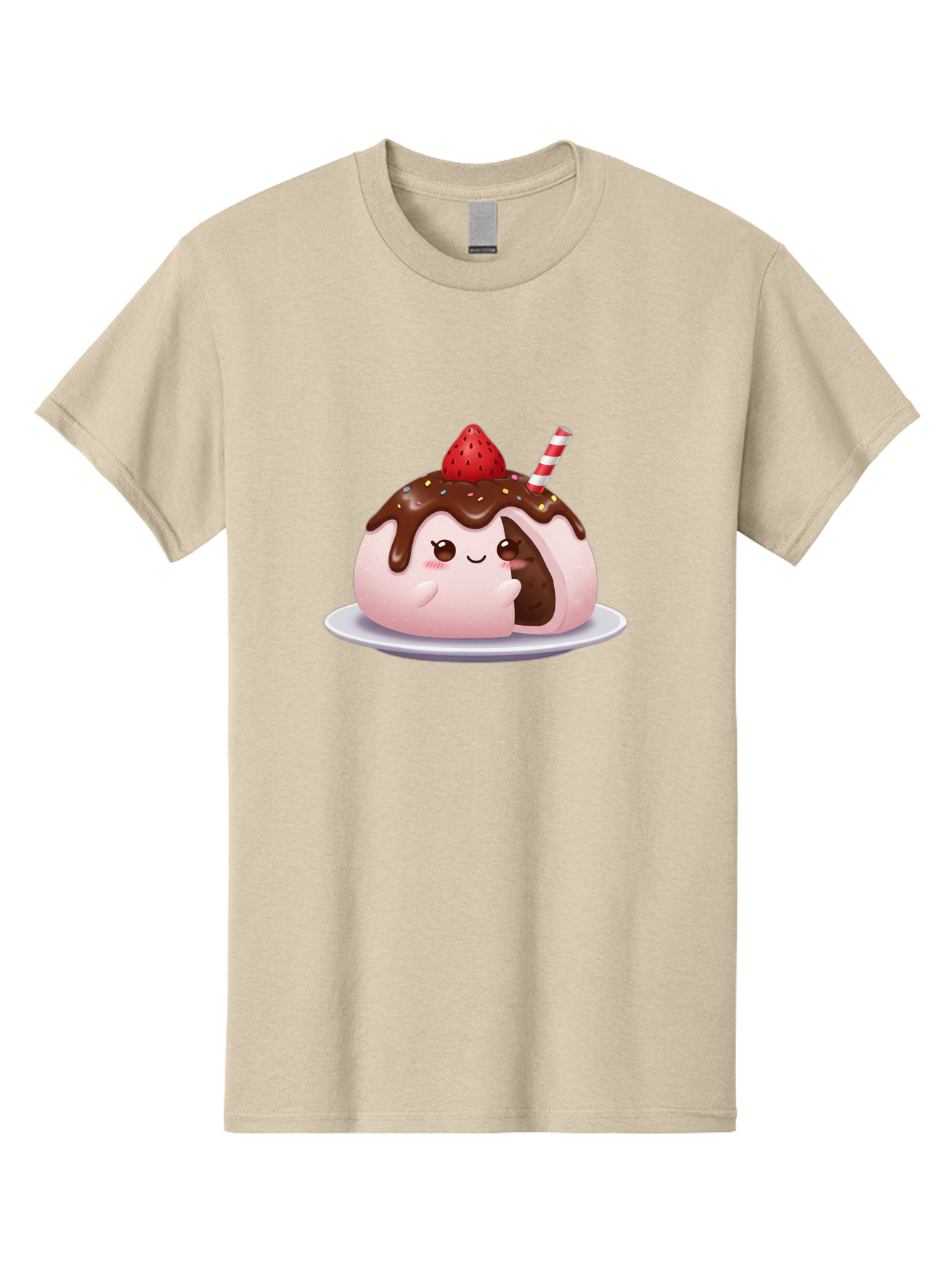 Strawberry-Donut Men'S Graphic Tee, 100% Cotton, Comfortable Casual Summer Wear, Machine Washable, Chocolate Donut, Strawberry Topping, Donut Character, Dessert, Sweet Treat, Chocolate Sauce, Sprinkles, Donut With Straw, Cute Dessert, Bac474