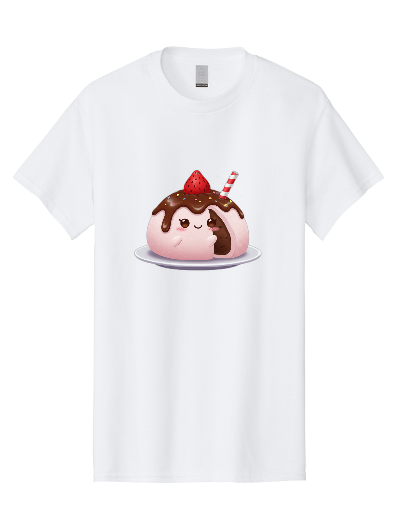 Strawberry-Donut Men'S Graphic Tee, 100% Cotton, Comfortable Casual Summer Wear, Machine Washable, Chocolate Donut, Strawberry Topping, Donut Character, Dessert, Sweet Treat, Chocolate Sauce, Sprinkles, Donut With Straw, Cute Dessert, Bac474