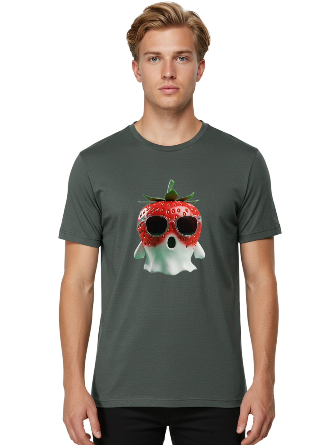 Strawberry-Ghost Men'S Graphic Tee, 100% Cotton, Comfortable Casual Summer Wear, Machine Washable, Strawberry With Sunglasses, Ghostly Figure, Cool Fruit, Summer Vibes, Quirky Design, Fun And Playful, Cartoon Character, Unique Blend, Bac476