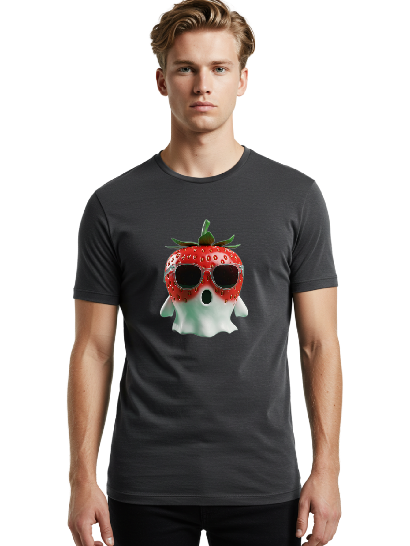 Strawberry-Ghost Men'S Graphic Tee, 100% Cotton, Comfortable Casual Summer Wear, Machine Washable, Strawberry With Sunglasses, Ghostly Figure, Cool Fruit, Summer Vibes, Quirky Design, Fun And Playful, Cartoon Character, Unique Blend, Bac476