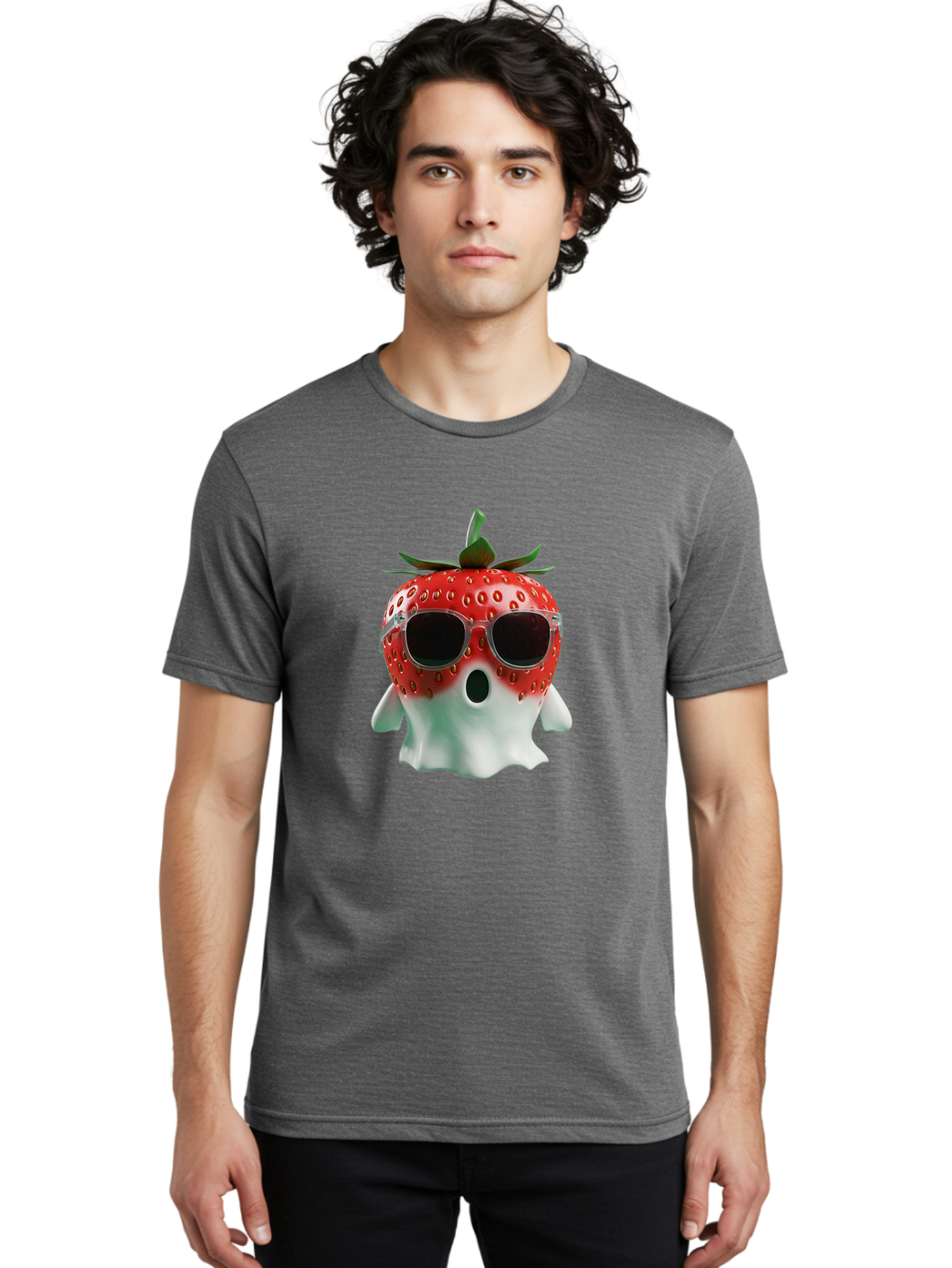 Strawberry-Ghost Men'S Graphic Tee, 100% Cotton, Comfortable Casual Summer Wear, Machine Washable, Strawberry With Sunglasses, Ghostly Figure, Cool Fruit, Summer Vibes, Quirky Design, Fun And Playful, Cartoon Character, Unique Blend, Bac476