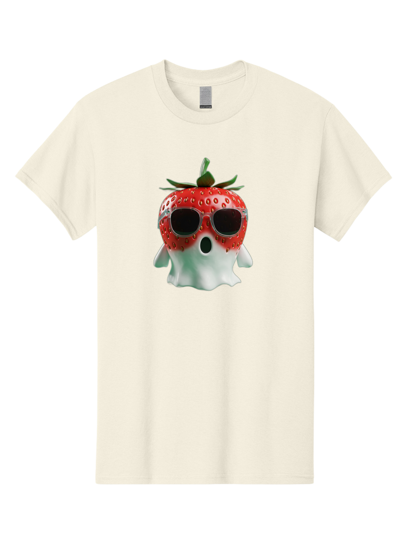 Strawberry-Ghost Men'S Graphic Tee, 100% Cotton, Comfortable Casual Summer Wear, Machine Washable, Strawberry With Sunglasses, Ghostly Figure, Cool Fruit, Summer Vibes, Quirky Design, Fun And Playful, Cartoon Character, Unique Blend, Bac476