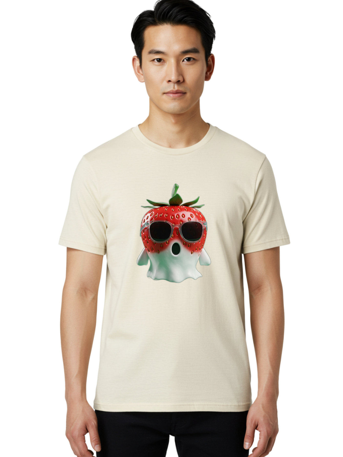Strawberry-Ghost Men'S Graphic Tee, 100% Cotton, Comfortable Casual Summer Wear, Machine Washable, Strawberry With Sunglasses, Ghostly Figure, Cool Fruit, Summer Vibes, Quirky Design, Fun And Playful, Cartoon Character, Unique Blend, Bac476