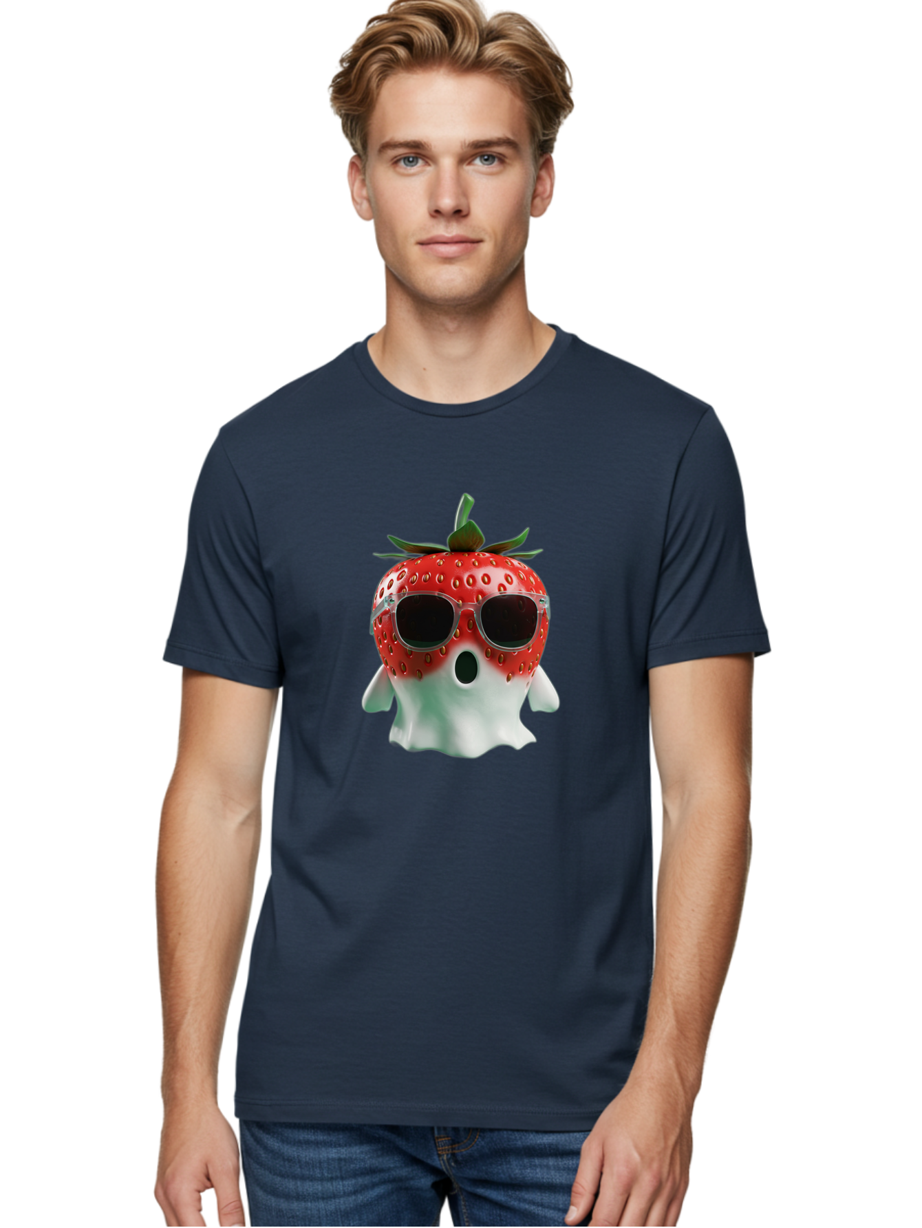 Strawberry-Ghost Men'S Graphic Tee, 100% Cotton, Comfortable Casual Summer Wear, Machine Washable, Strawberry With Sunglasses, Ghostly Figure, Cool Fruit, Summer Vibes, Quirky Design, Fun And Playful, Cartoon Character, Unique Blend, Bac476