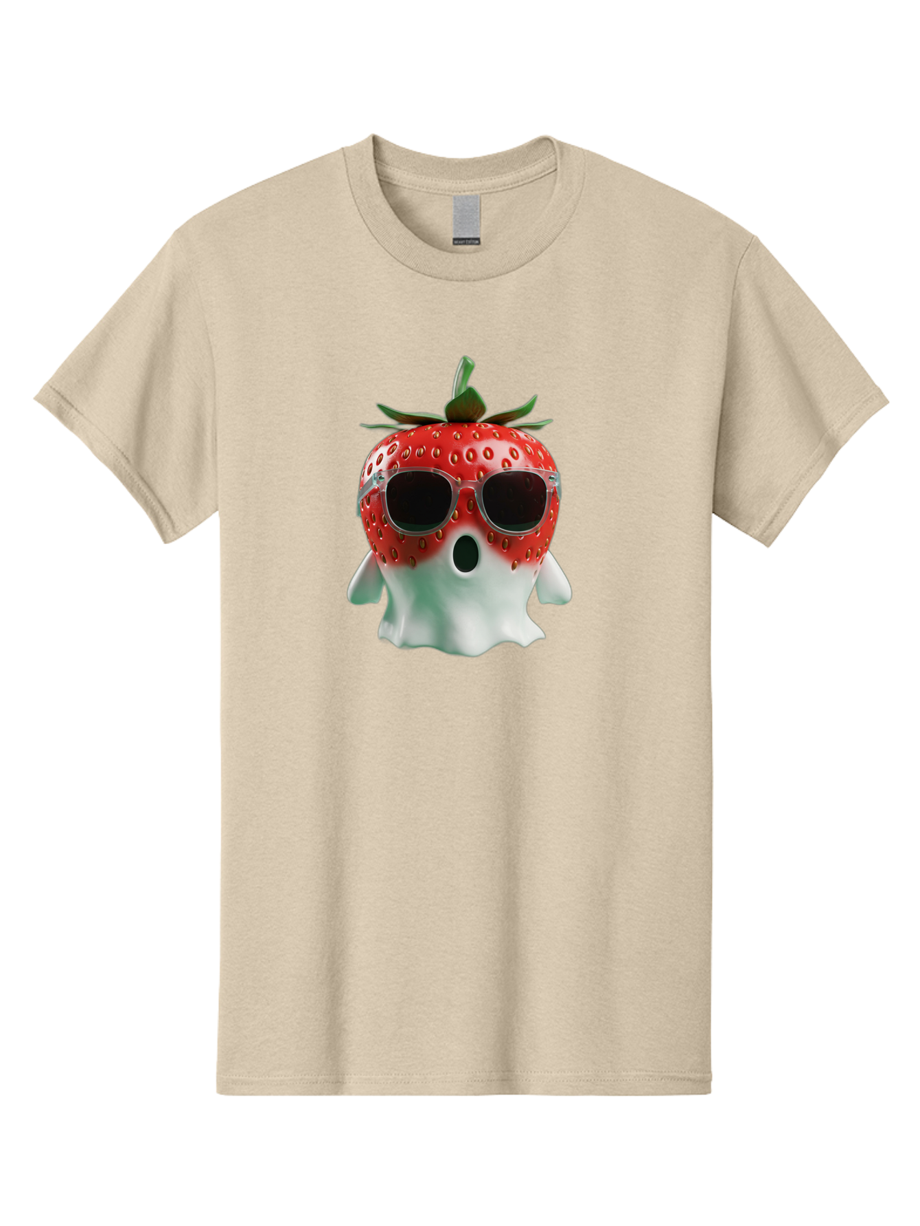Strawberry-Ghost Men'S Graphic Tee, 100% Cotton, Comfortable Casual Summer Wear, Machine Washable, Strawberry With Sunglasses, Ghostly Figure, Cool Fruit, Summer Vibes, Quirky Design, Fun And Playful, Cartoon Character, Unique Blend, Bac476
