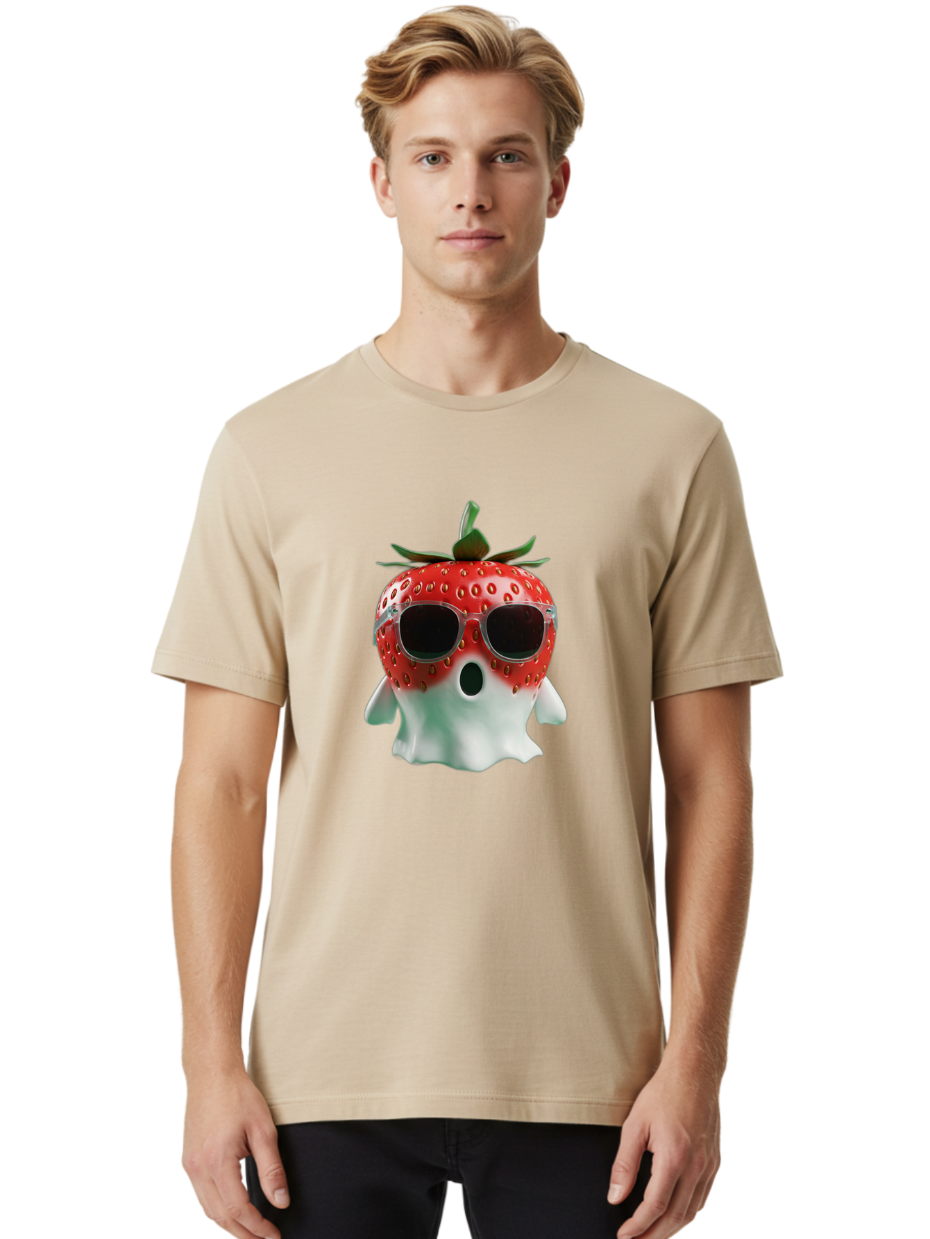 Strawberry-Ghost Men'S Graphic Tee, 100% Cotton, Comfortable Casual Summer Wear, Machine Washable, Strawberry With Sunglasses, Ghostly Figure, Cool Fruit, Summer Vibes, Quirky Design, Fun And Playful, Cartoon Character, Unique Blend, Bac476
