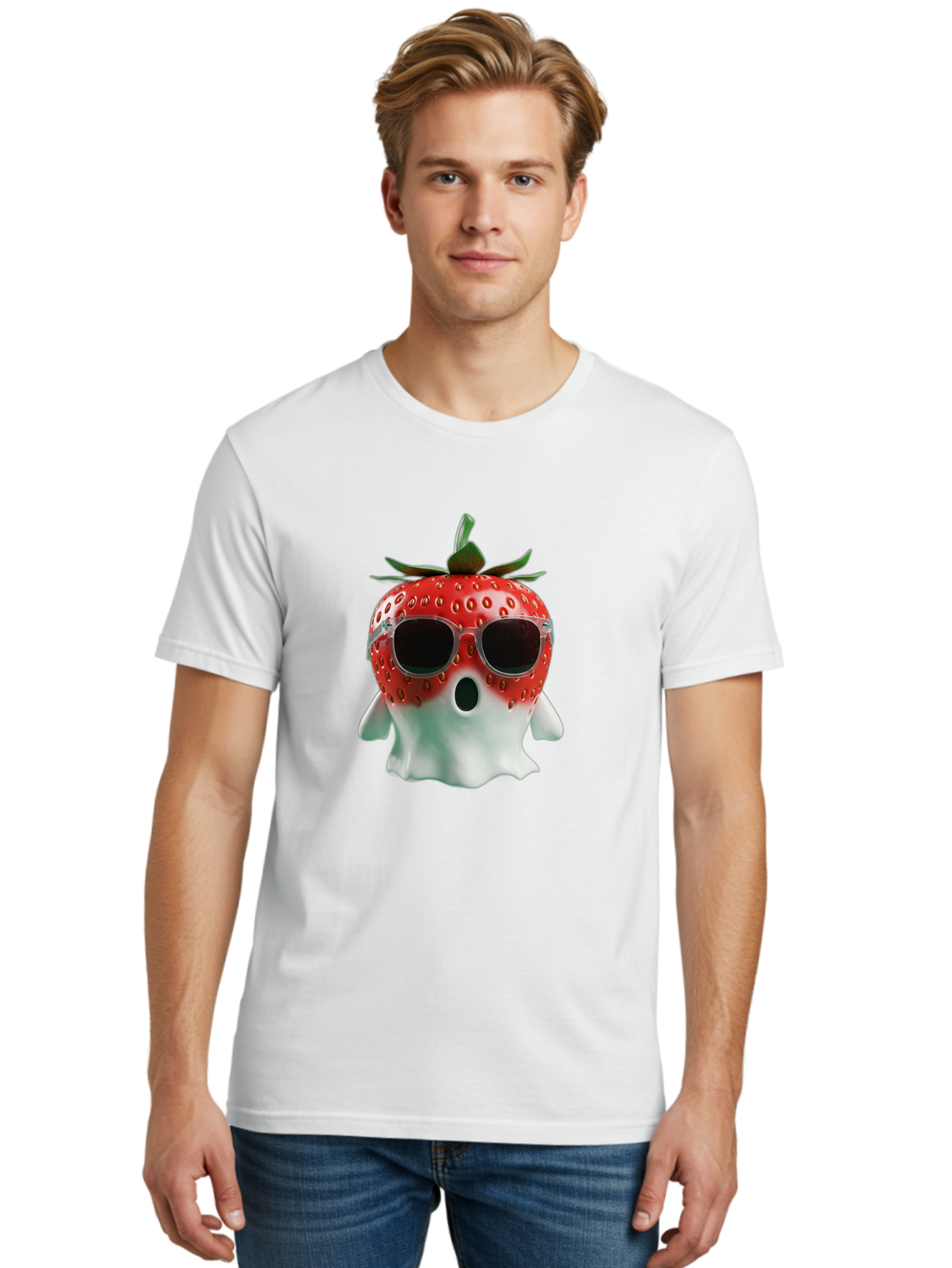 Strawberry-Ghost Men'S Graphic Tee, 100% Cotton, Comfortable Casual Summer Wear, Machine Washable, Strawberry With Sunglasses, Ghostly Figure, Cool Fruit, Summer Vibes, Quirky Design, Fun And Playful, Cartoon Character, Unique Blend, Bac476