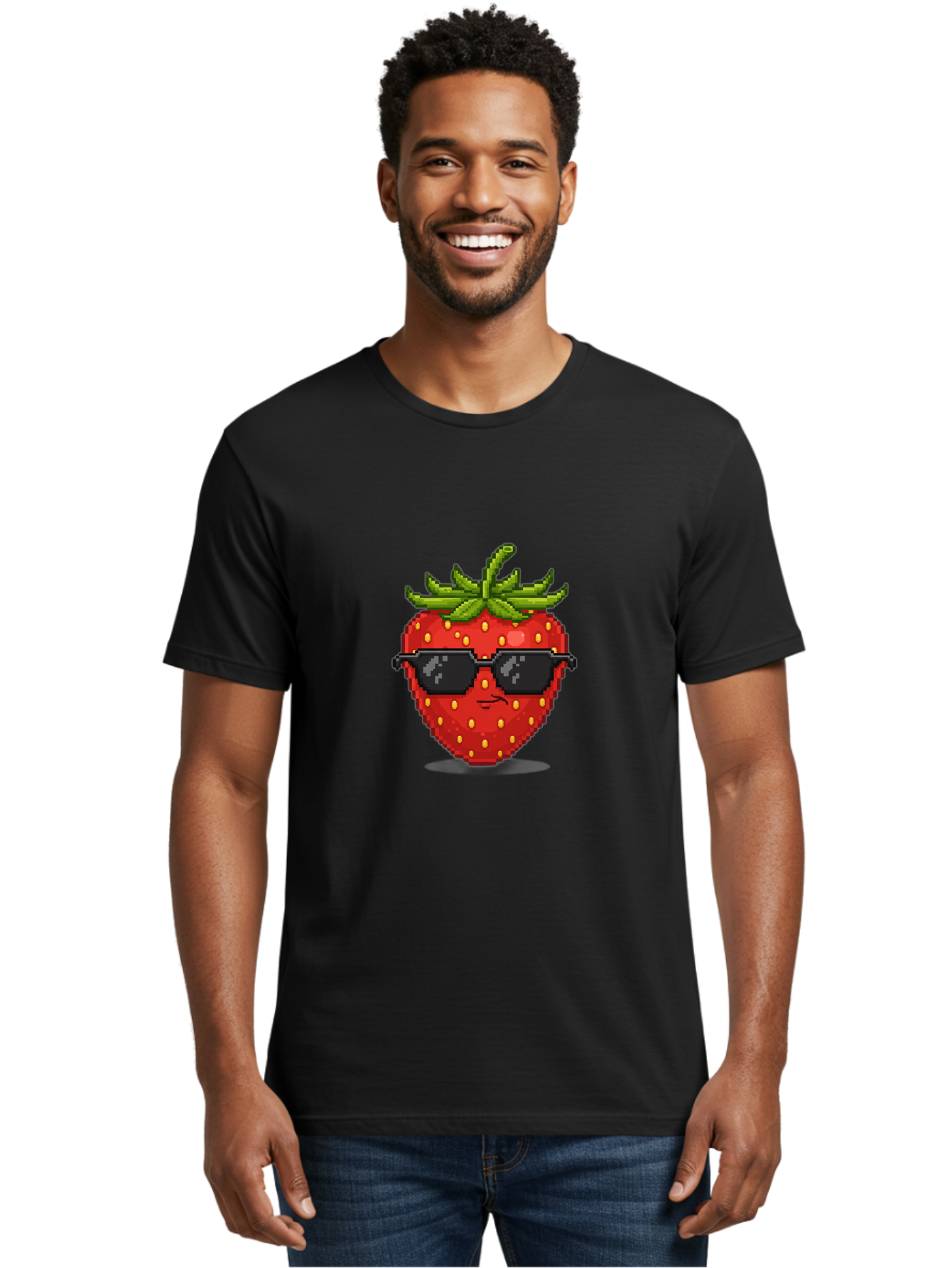 Strawberry-In-Sunglasses Men'S Graphic Tee, 100% Cotton, Comfortable Casual Summer Wear, Machine Washable, Cool Strawberry, Pixel Art, Sunglasses, Red Fruit, Yellow Seeds, Cartoon Character, Fun Design, Summertime Vibe, Pixelated Style Bac478