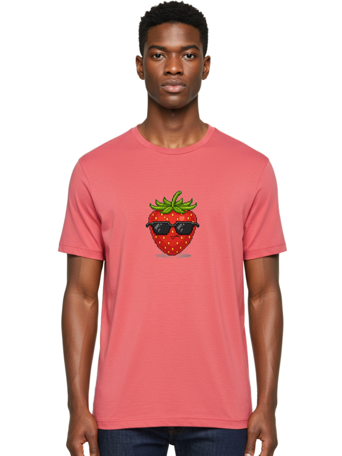 Strawberry-In-Sunglasses Men'S Graphic Tee, 100% Cotton, Comfortable Casual Summer Wear, Machine Washable, Cool Strawberry, Pixel Art, Sunglasses, Red Fruit, Yellow Seeds, Cartoon Character, Fun Design, Summertime Vibe, Pixelated Style Bac478