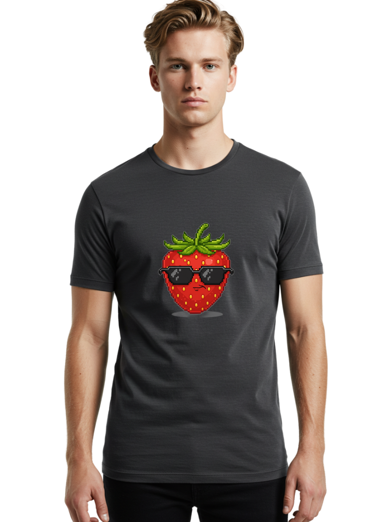 Strawberry-In-Sunglasses Men'S Graphic Tee, 100% Cotton, Comfortable Casual Summer Wear, Machine Washable, Cool Strawberry, Pixel Art, Sunglasses, Red Fruit, Yellow Seeds, Cartoon Character, Fun Design, Summertime Vibe, Pixelated Style Bac478