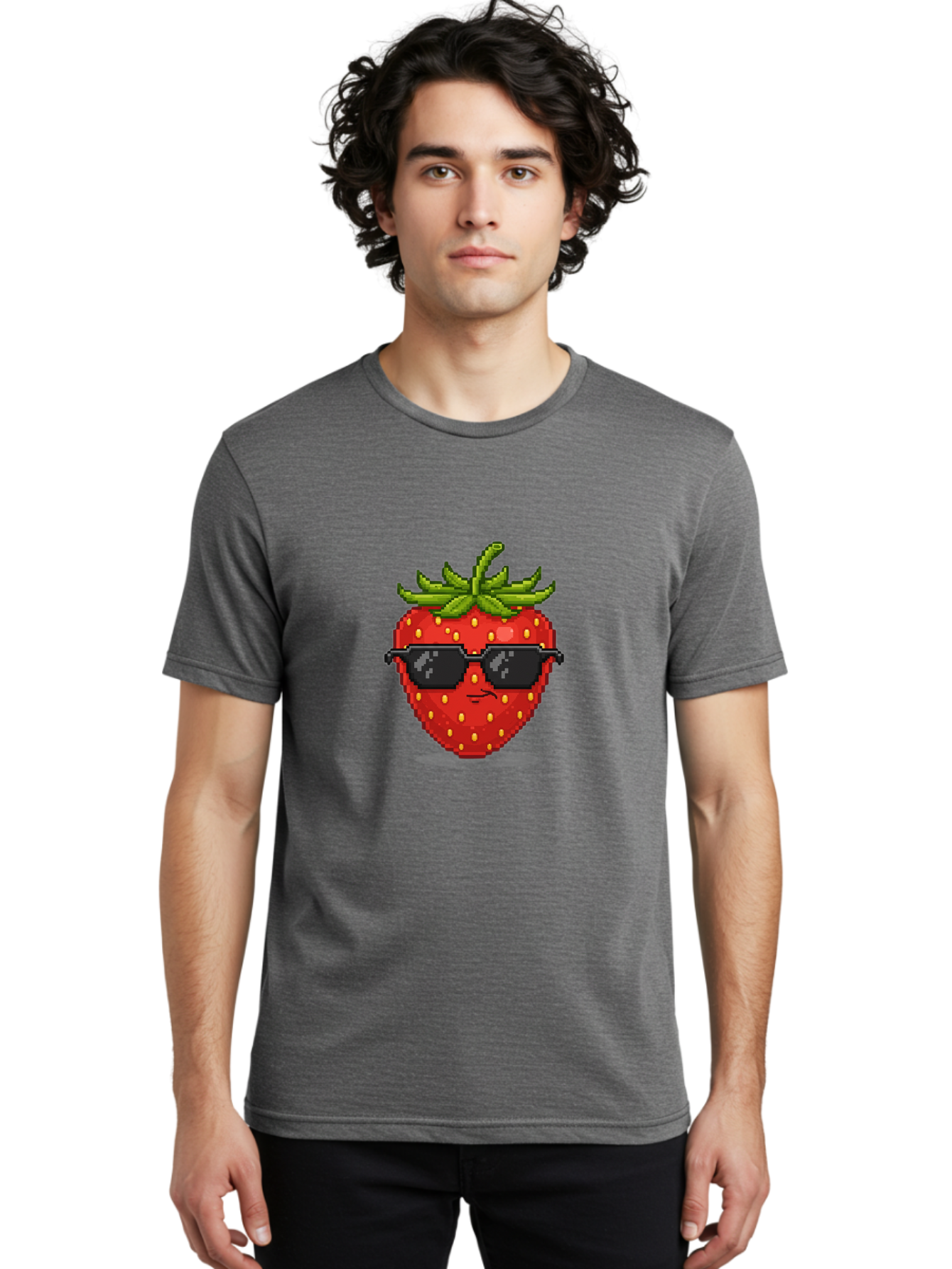 Strawberry-In-Sunglasses Men'S Graphic Tee, 100% Cotton, Comfortable Casual Summer Wear, Machine Washable, Cool Strawberry, Pixel Art, Sunglasses, Red Fruit, Yellow Seeds, Cartoon Character, Fun Design, Summertime Vibe, Pixelated Style Bac478
