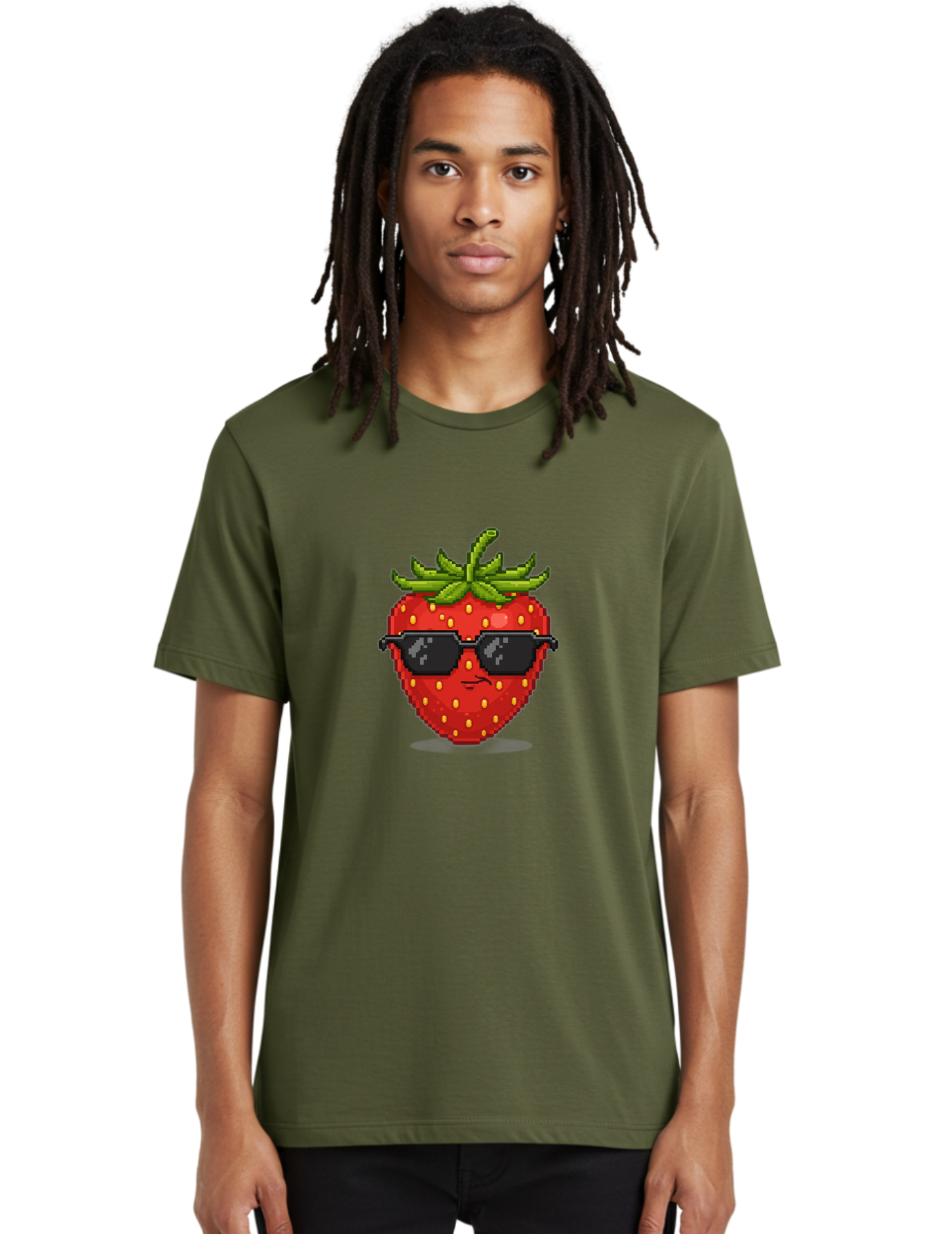 Strawberry-In-Sunglasses Men'S Graphic Tee, 100% Cotton, Comfortable Casual Summer Wear, Machine Washable, Cool Strawberry, Pixel Art, Sunglasses, Red Fruit, Yellow Seeds, Cartoon Character, Fun Design, Summertime Vibe, Pixelated Style Bac478