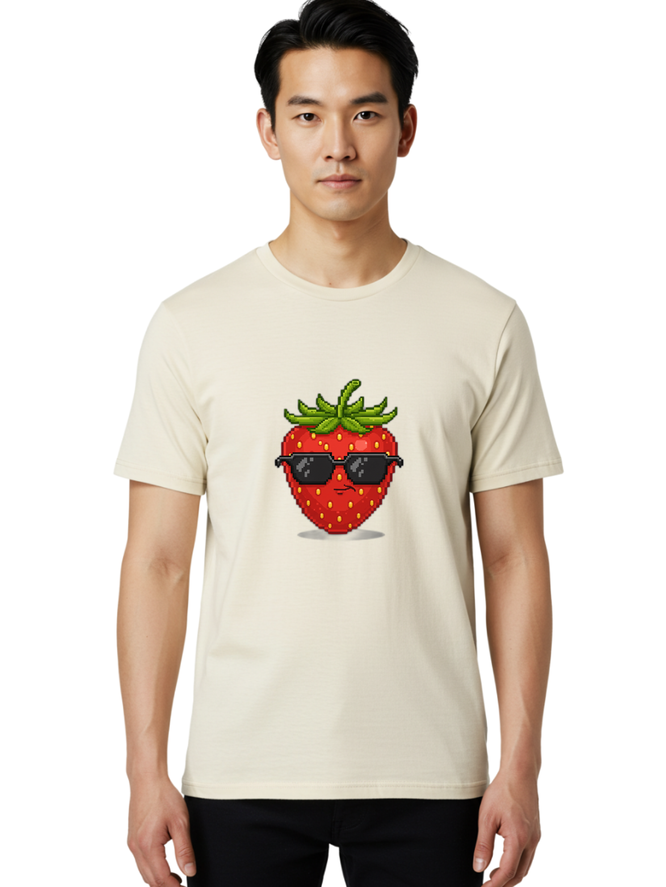 Strawberry-In-Sunglasses Men'S Graphic Tee, 100% Cotton, Comfortable Casual Summer Wear, Machine Washable, Cool Strawberry, Pixel Art, Sunglasses, Red Fruit, Yellow Seeds, Cartoon Character, Fun Design, Summertime Vibe, Pixelated Style Bac478