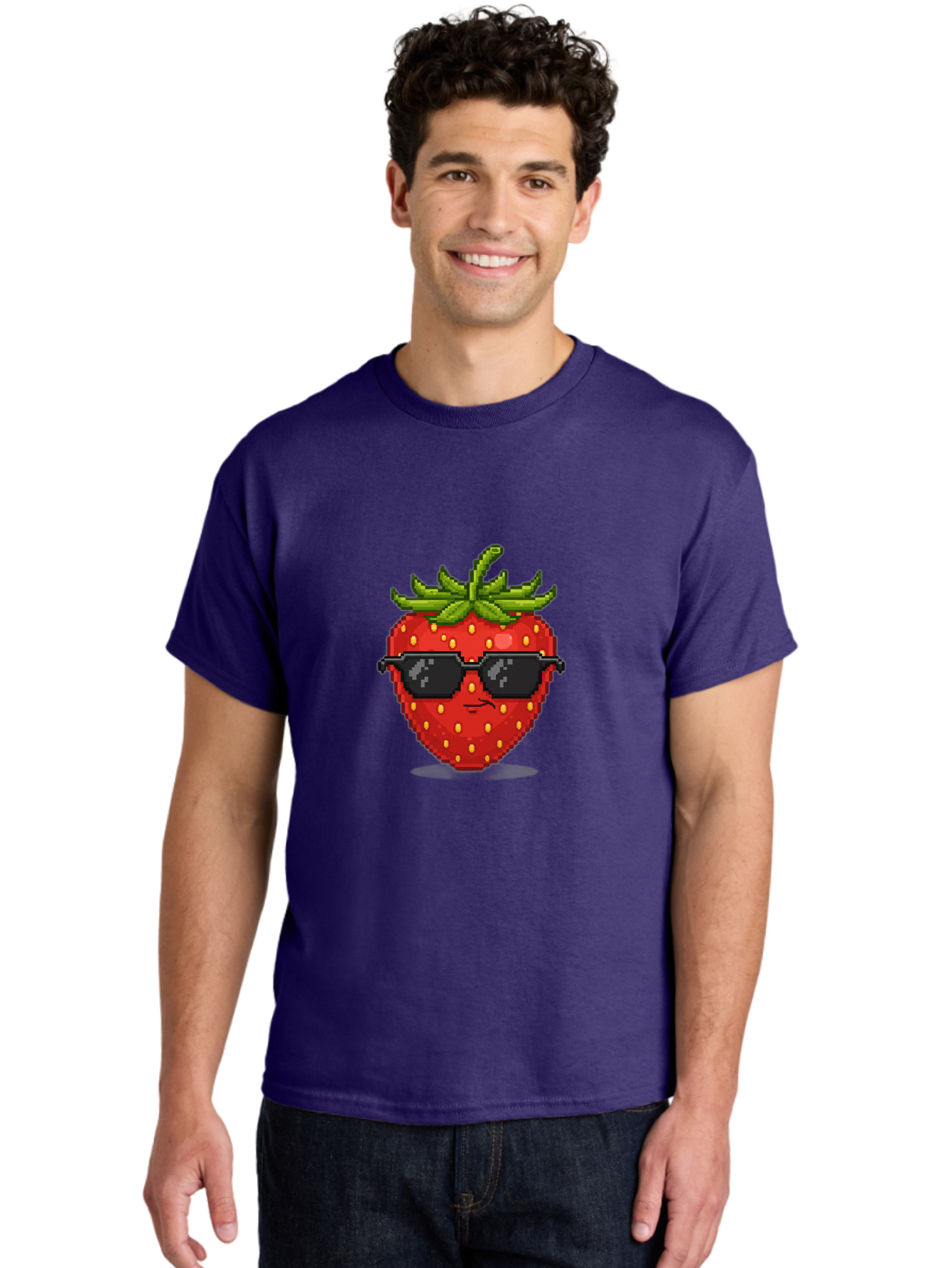 Strawberry-In-Sunglasses Men'S Graphic Tee, 100% Cotton, Comfortable Casual Summer Wear, Machine Washable, Cool Strawberry, Pixel Art, Sunglasses, Red Fruit, Yellow Seeds, Cartoon Character, Fun Design, Summertime Vibe, Pixelated Style Bac478