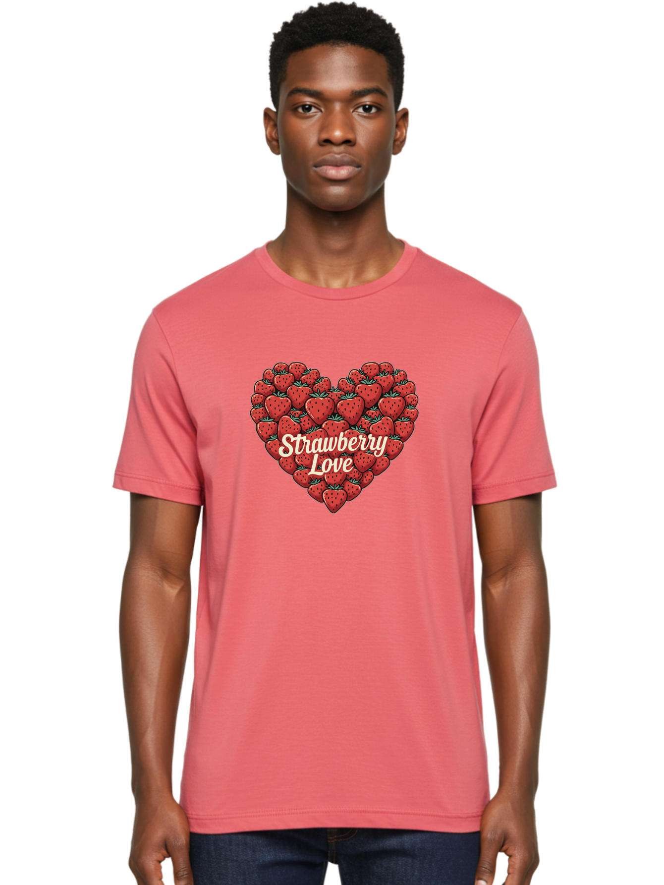 Strawberry-Love Men'S Graphic Tee, 100% Cotton, Comfortable Casual Summer Wear, Machine Washable, Strawberry Heart, Fruit Love, Red Strawberries, Sweet Treats, Tasty Fruits, Summer Fruits, Heart-Shaped Strawberries, Strawberry Graphics Bac479