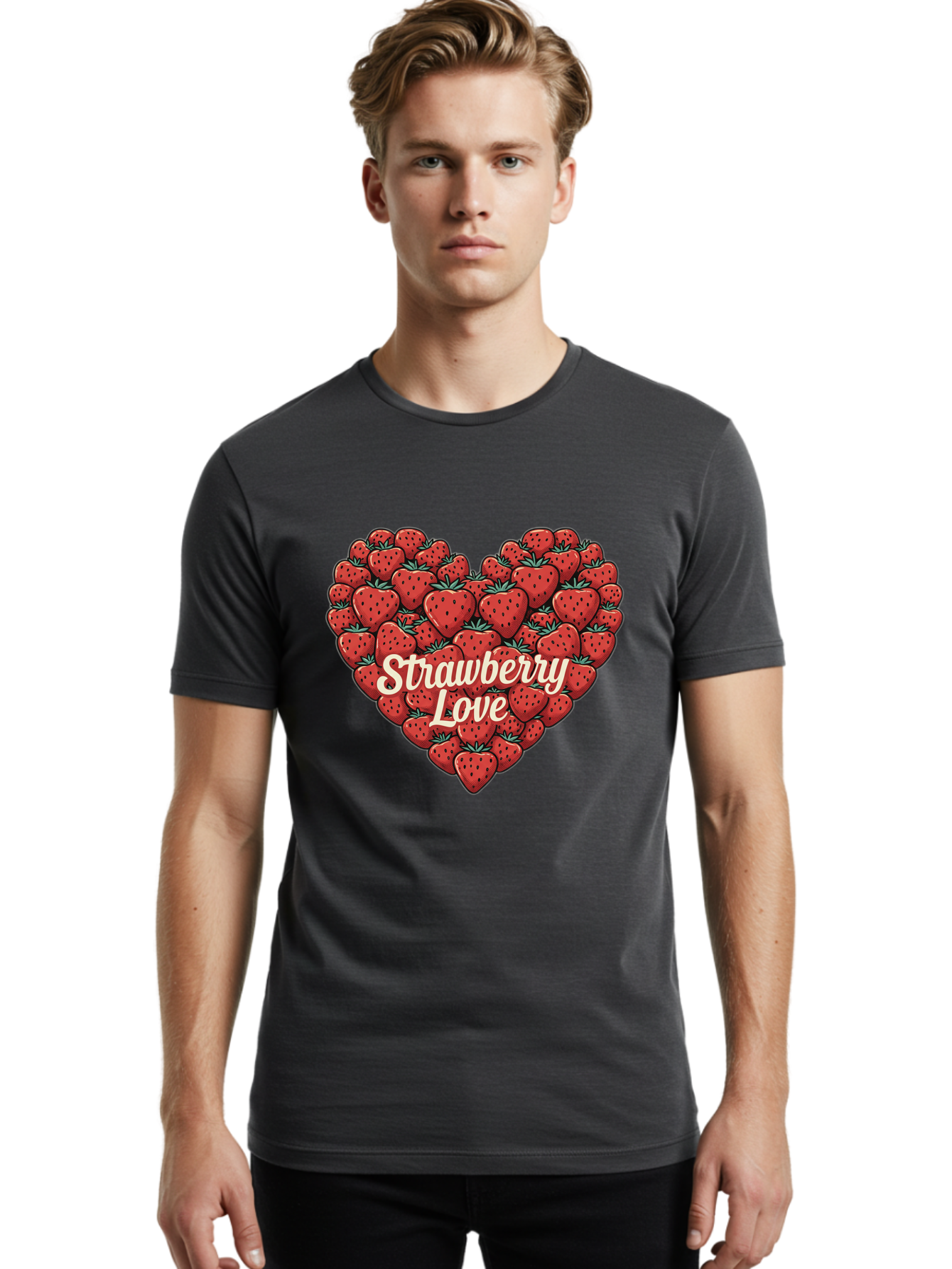 Strawberry-Love Men'S Graphic Tee, 100% Cotton, Comfortable Casual Summer Wear, Machine Washable, Strawberry Heart, Fruit Love, Red Strawberries, Sweet Treats, Tasty Fruits, Summer Fruits, Heart-Shaped Strawberries, Strawberry Graphics Bac479
