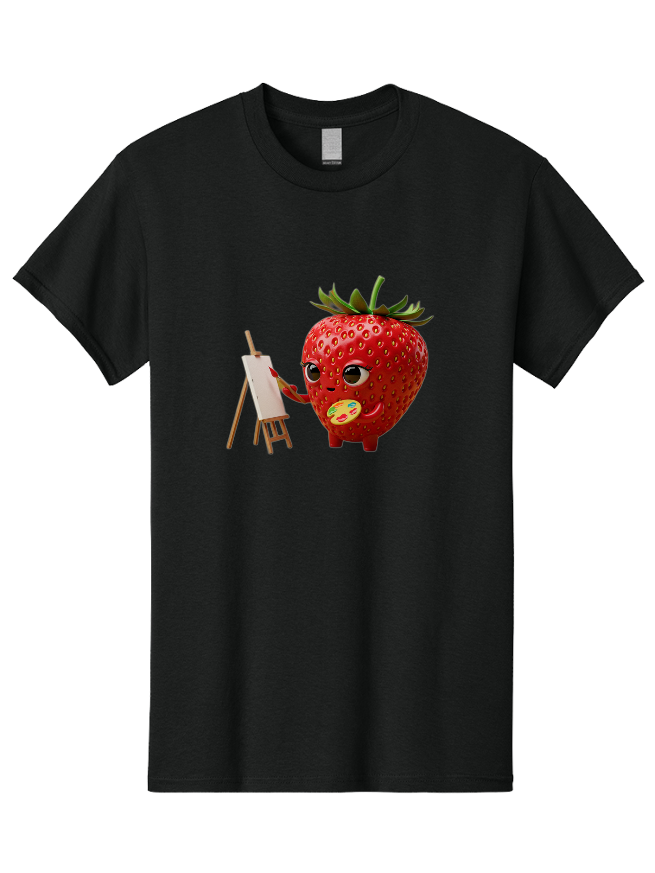 Strawberry-Painter Men'S Graphic Tee, 100% Cotton, Comfortable Casual Summer Wear, Machine Washable, Cartoon Strawberry Character, Painting On An Easel, Creative Art, Colorful Palette, Fruit Illustration, Vibrant Red Strawberry, Bac480
