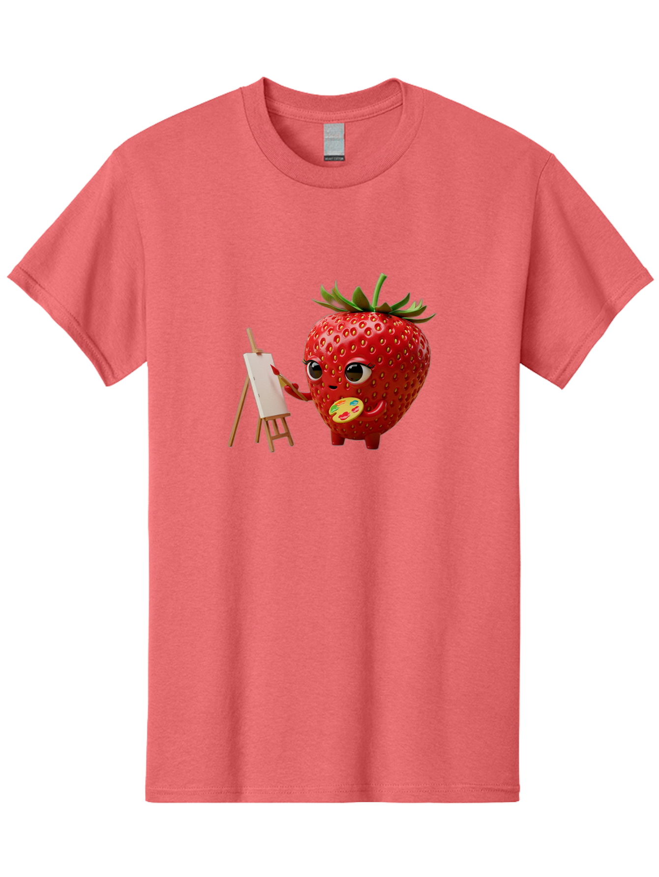 Strawberry-Painter Men'S Graphic Tee, 100% Cotton, Comfortable Casual Summer Wear, Machine Washable, Cartoon Strawberry Character, Painting On An Easel, Creative Art, Colorful Palette, Fruit Illustration, Vibrant Red Strawberry, Bac480