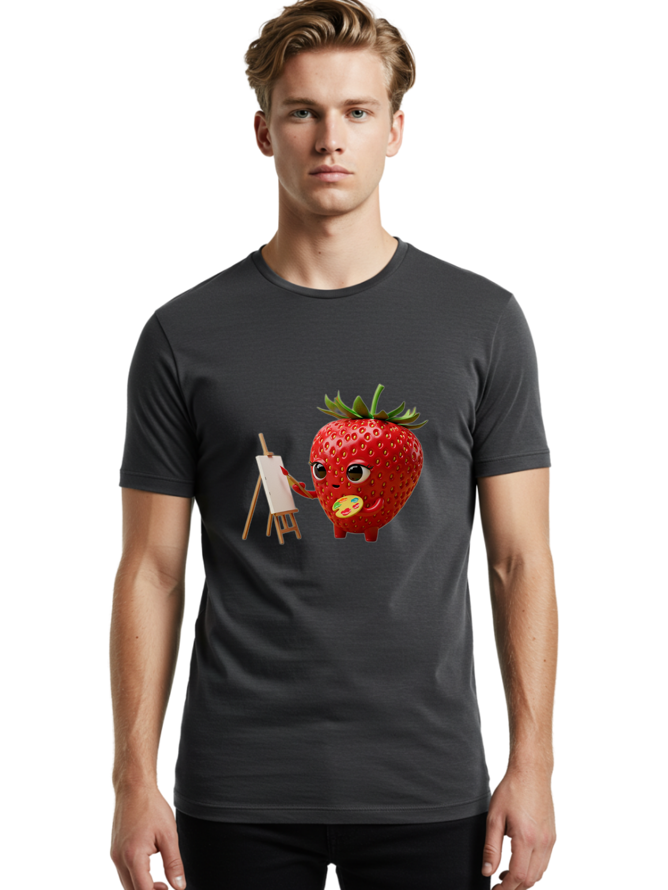 Strawberry-Painter Men'S Graphic Tee, 100% Cotton, Comfortable Casual Summer Wear, Machine Washable, Cartoon Strawberry Character, Painting On An Easel, Creative Art, Colorful Palette, Fruit Illustration, Vibrant Red Strawberry, Bac480