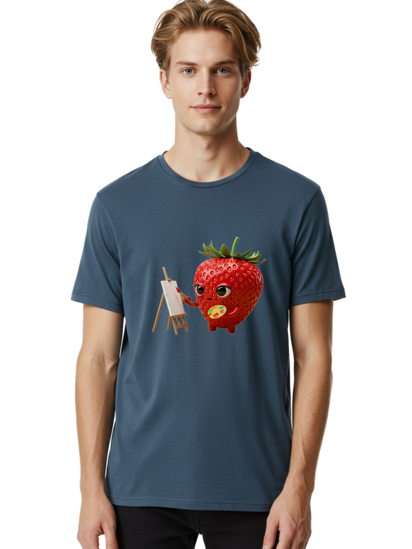 Strawberry-Painter Men'S Graphic Tee, 100% Cotton, Comfortable Casual Summer Wear, Machine Washable, Cartoon Strawberry Character, Painting On An Easel, Creative Art, Colorful Palette, Fruit Illustration, Vibrant Red Strawberry, Bac480