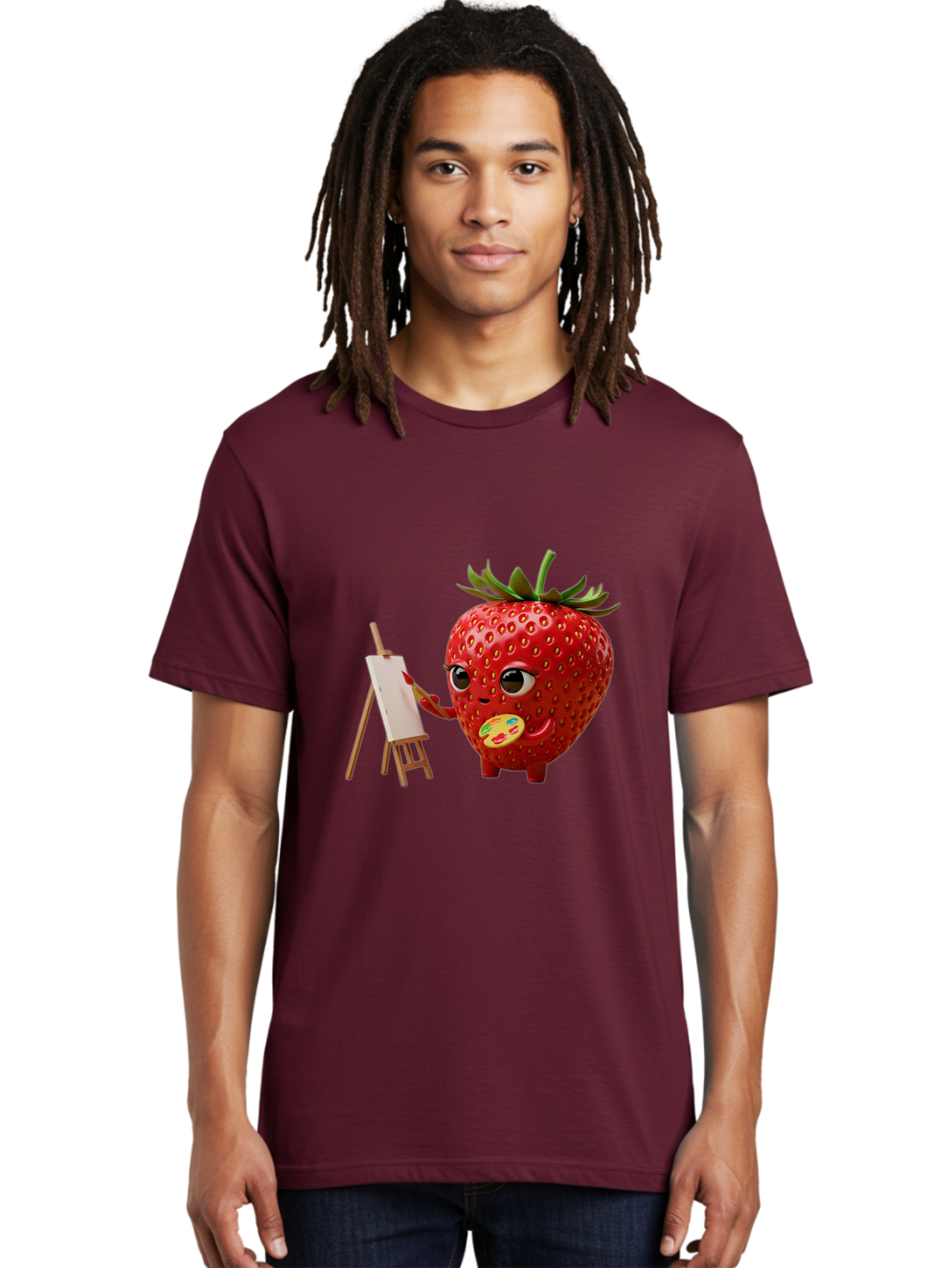Strawberry-Painter Men'S Graphic Tee, 100% Cotton, Comfortable Casual Summer Wear, Machine Washable, Cartoon Strawberry Character, Painting On An Easel, Creative Art, Colorful Palette, Fruit Illustration, Vibrant Red Strawberry, Bac480