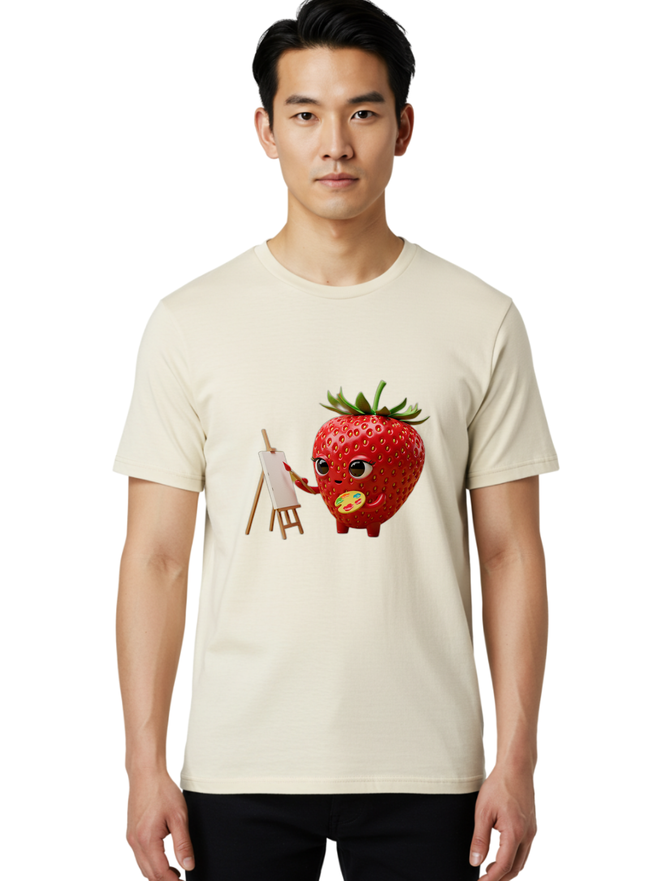Strawberry-Painter Men'S Graphic Tee, 100% Cotton, Comfortable Casual Summer Wear, Machine Washable, Cartoon Strawberry Character, Painting On An Easel, Creative Art, Colorful Palette, Fruit Illustration, Vibrant Red Strawberry, Bac480
