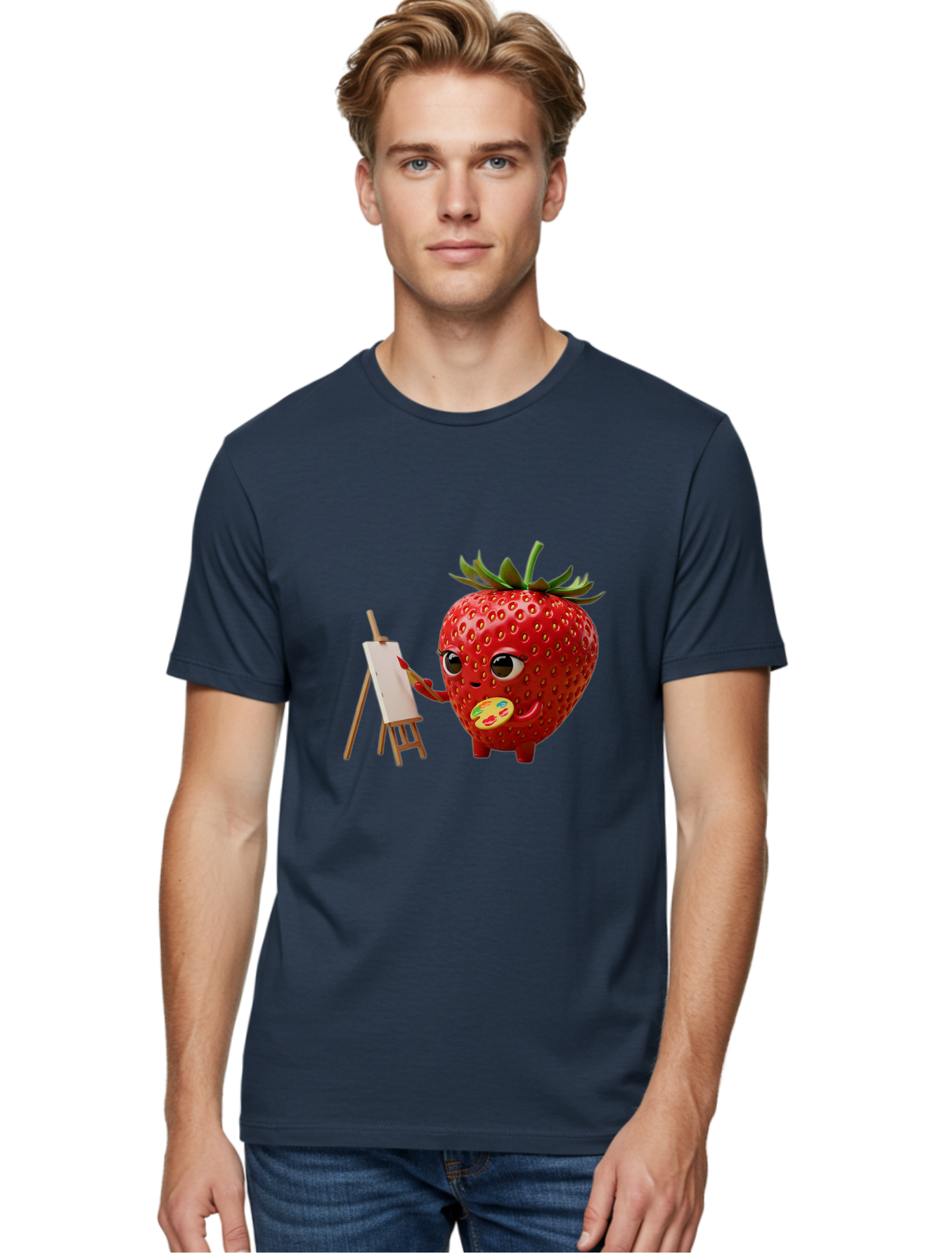 Strawberry-Painter Men'S Graphic Tee, 100% Cotton, Comfortable Casual Summer Wear, Machine Washable, Cartoon Strawberry Character, Painting On An Easel, Creative Art, Colorful Palette, Fruit Illustration, Vibrant Red Strawberry, Bac480