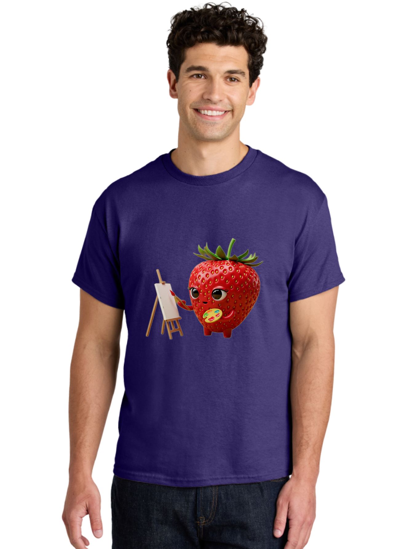 Strawberry-Painter Men'S Graphic Tee, 100% Cotton, Comfortable Casual Summer Wear, Machine Washable, Cartoon Strawberry Character, Painting On An Easel, Creative Art, Colorful Palette, Fruit Illustration, Vibrant Red Strawberry, Bac480