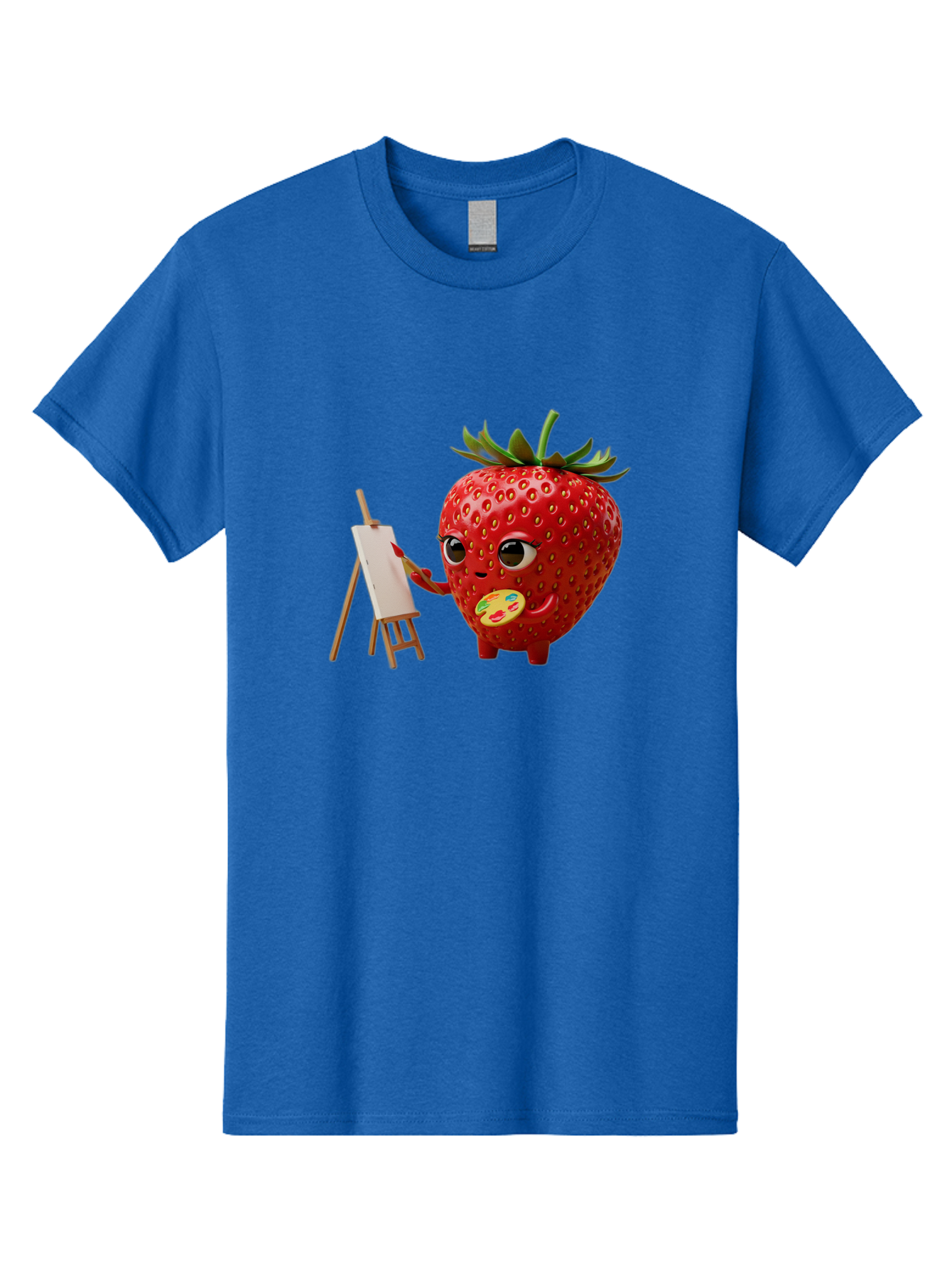 Strawberry-Painter Men'S Graphic Tee, 100% Cotton, Comfortable Casual Summer Wear, Machine Washable, Cartoon Strawberry Character, Painting On An Easel, Creative Art, Colorful Palette, Fruit Illustration, Vibrant Red Strawberry, Bac480