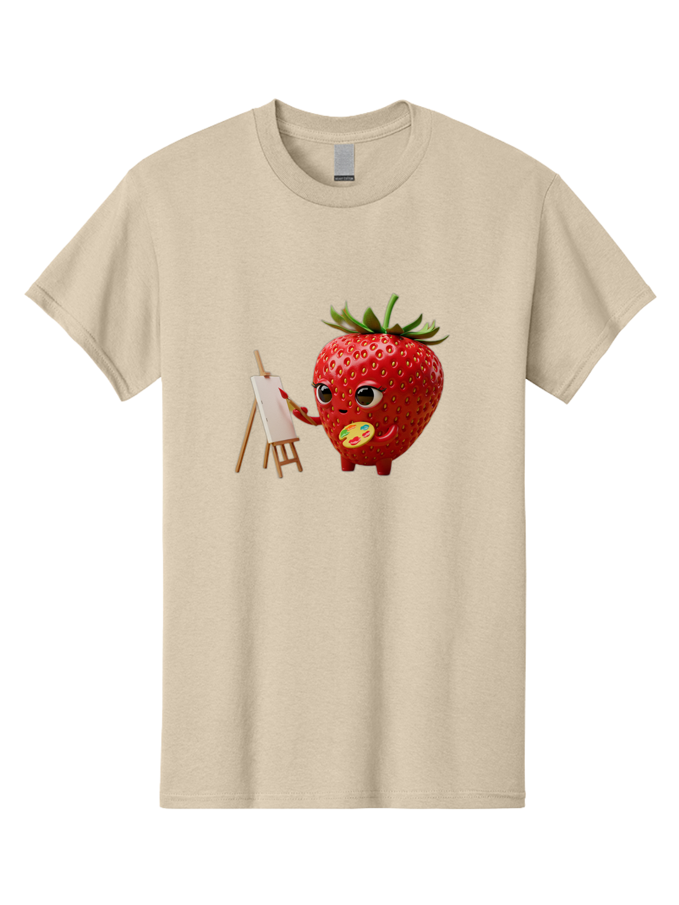 Strawberry-Painter Men'S Graphic Tee, 100% Cotton, Comfortable Casual Summer Wear, Machine Washable, Cartoon Strawberry Character, Painting On An Easel, Creative Art, Colorful Palette, Fruit Illustration, Vibrant Red Strawberry, Bac480
