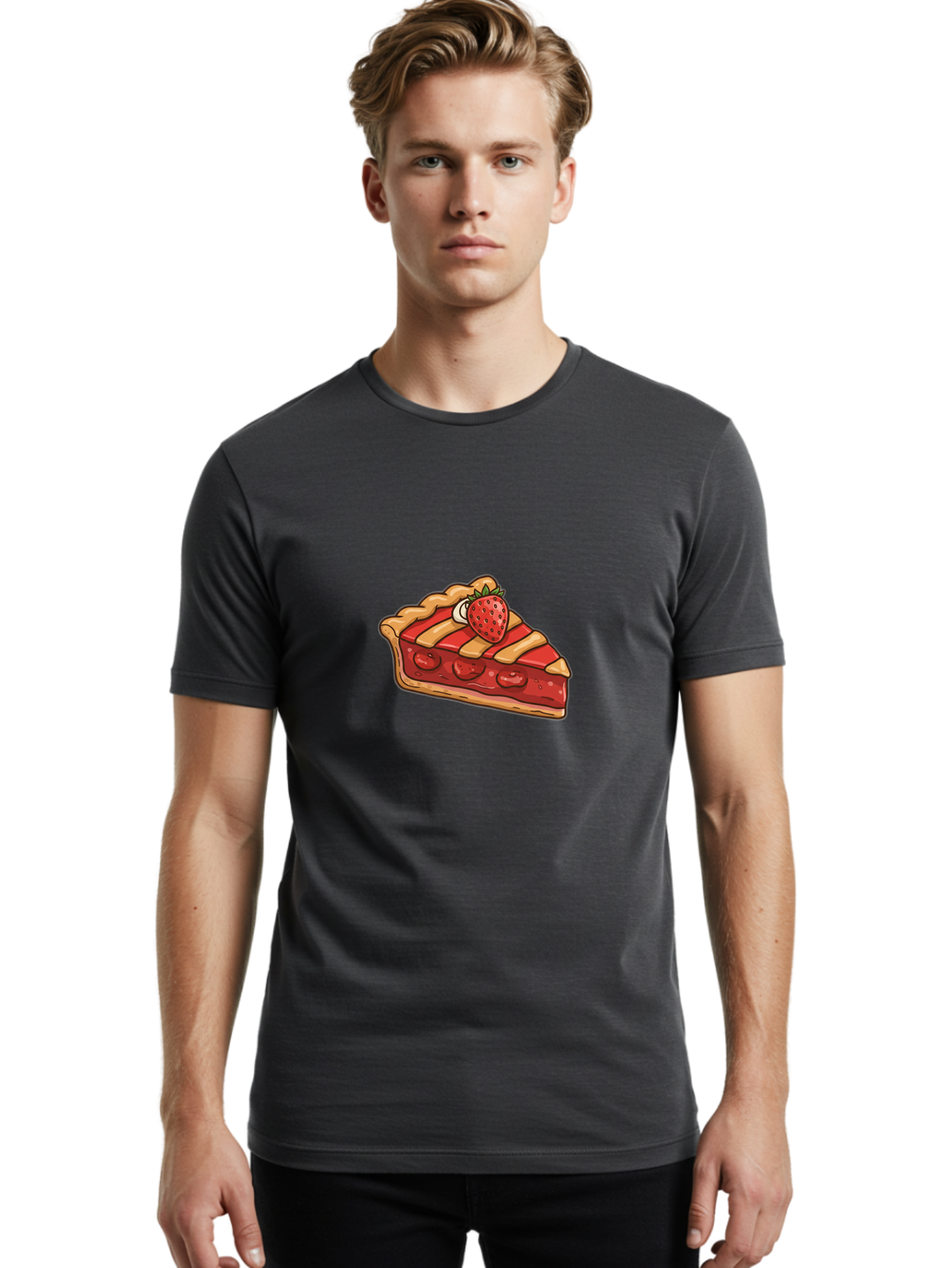 Strawberry-Pie-Slice Men'S Graphic Tee, 100% Cotton, Comfortable Casual Summer Wear, Machine Washable, Strawberry Pie, Sweet Treat, Dessert, Fruit Filling, Pastry Crust, Strawberry Topping, Sweet Strawberry, Baked Goods, Homemade Pie, Bac481
