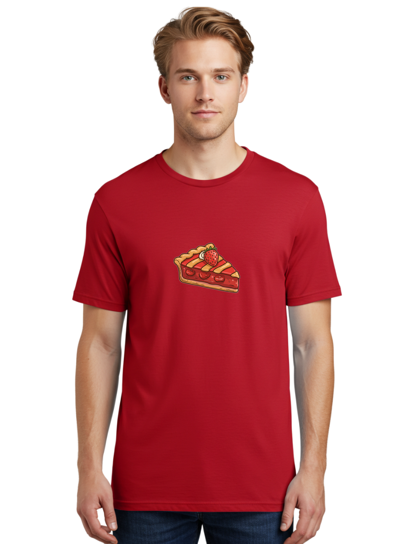 Strawberry-Pie-Slice Men'S Graphic Tee, 100% Cotton, Comfortable Casual Summer Wear, Machine Washable, Strawberry Pie, Sweet Treat, Dessert, Fruit Filling, Pastry Crust, Strawberry Topping, Sweet Strawberry, Baked Goods, Homemade Pie, Bac481