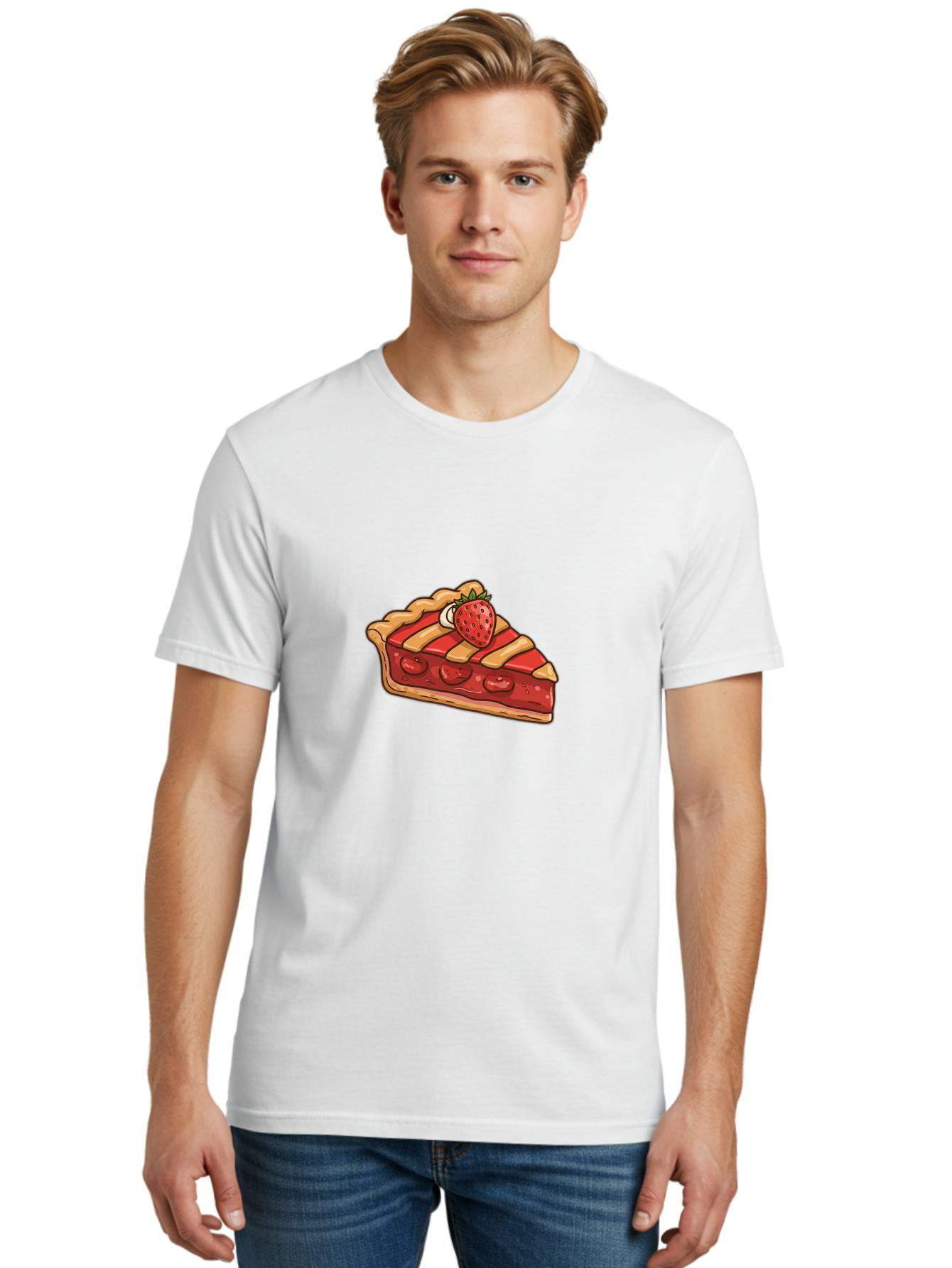 Strawberry-Pie-Slice Men'S Graphic Tee, 100% Cotton, Comfortable Casual Summer Wear, Machine Washable, Strawberry Pie, Sweet Treat, Dessert, Fruit Filling, Pastry Crust, Strawberry Topping, Sweet Strawberry, Baked Goods, Homemade Pie, Bac481