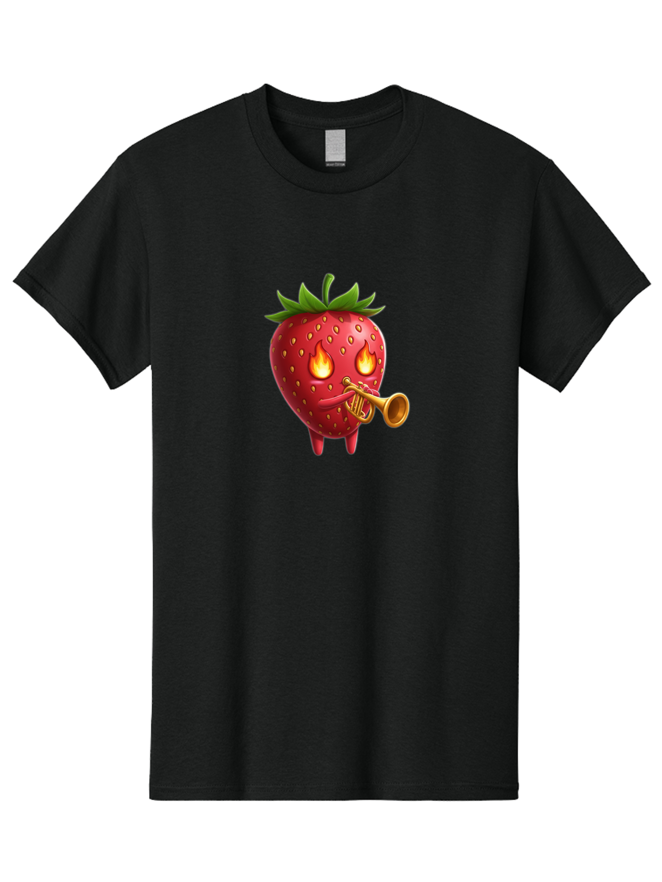 Strawberry-Playing-Trumpet Men'S Graphic Tee, 100% Cotton, Comfortable Casual Summer Wear, Machine Washable, Cartoon Strawberry, Playing Trumpet, Fire Eyes, Vibrant Red, Whimsical Character, Fun Illustration, Quirky Design, Humorous Art, Bac482
