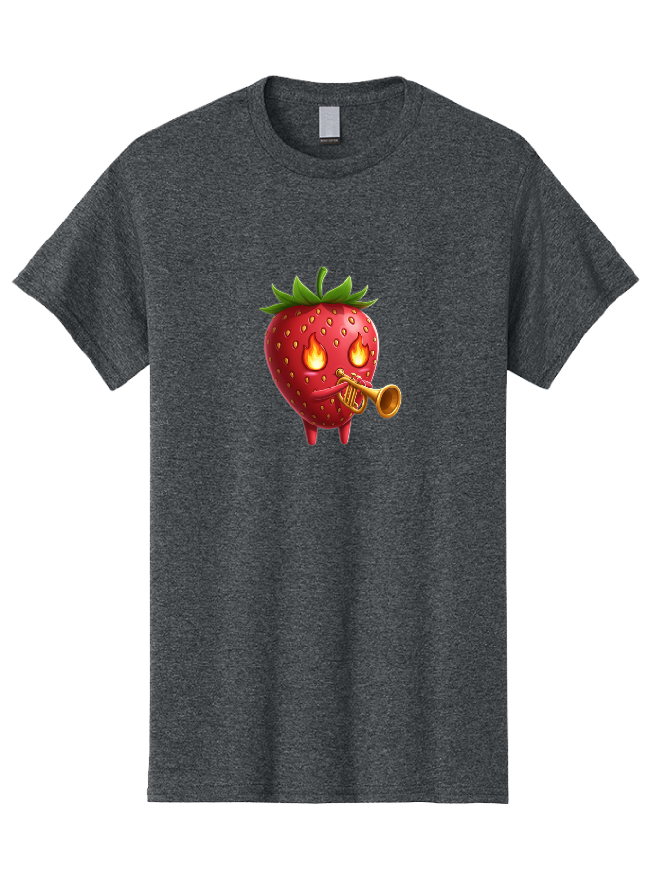Strawberry-Playing-Trumpet Men'S Graphic Tee, 100% Cotton, Comfortable Casual Summer Wear, Machine Washable, Cartoon Strawberry, Playing Trumpet, Fire Eyes, Vibrant Red, Whimsical Character, Fun Illustration, Quirky Design, Humorous Art, Bac482