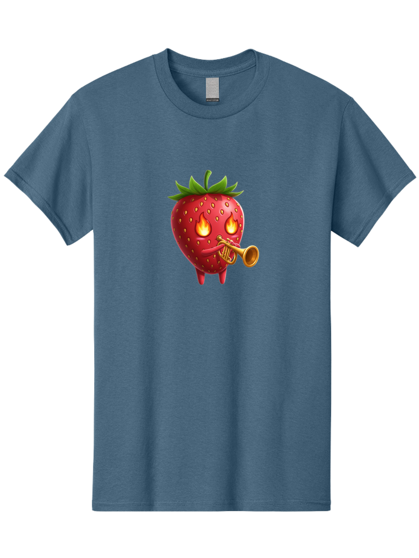 Strawberry-Playing-Trumpet Men'S Graphic Tee, 100% Cotton, Comfortable Casual Summer Wear, Machine Washable, Cartoon Strawberry, Playing Trumpet, Fire Eyes, Vibrant Red, Whimsical Character, Fun Illustration, Quirky Design, Humorous Art, Bac482
