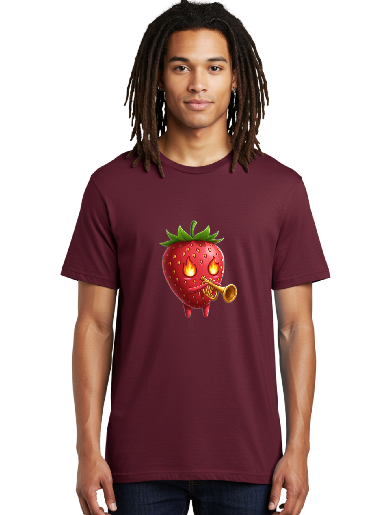 Strawberry-Playing-Trumpet Men'S Graphic Tee, 100% Cotton, Comfortable Casual Summer Wear, Machine Washable, Cartoon Strawberry, Playing Trumpet, Fire Eyes, Vibrant Red, Whimsical Character, Fun Illustration, Quirky Design, Humorous Art, Bac482