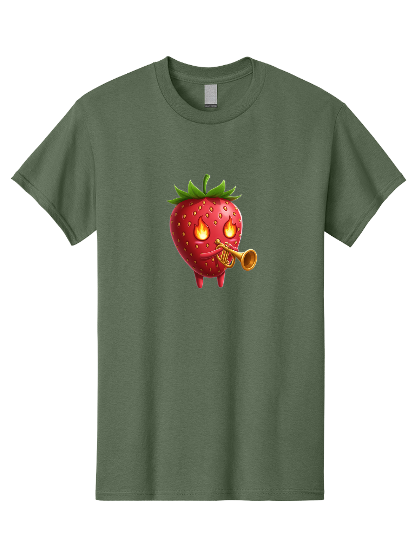 Strawberry-Playing-Trumpet Men'S Graphic Tee, 100% Cotton, Comfortable Casual Summer Wear, Machine Washable, Cartoon Strawberry, Playing Trumpet, Fire Eyes, Vibrant Red, Whimsical Character, Fun Illustration, Quirky Design, Humorous Art, Bac482