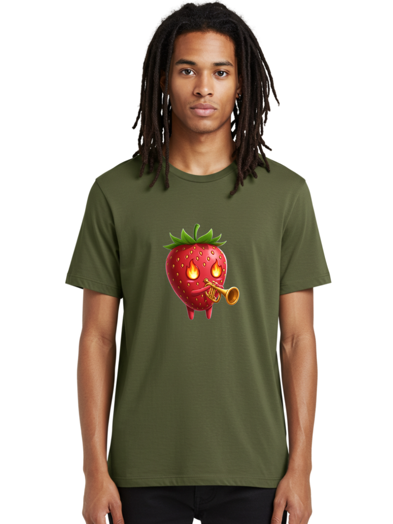 Strawberry-Playing-Trumpet Men'S Graphic Tee, 100% Cotton, Comfortable Casual Summer Wear, Machine Washable, Cartoon Strawberry, Playing Trumpet, Fire Eyes, Vibrant Red, Whimsical Character, Fun Illustration, Quirky Design, Humorous Art, Bac482