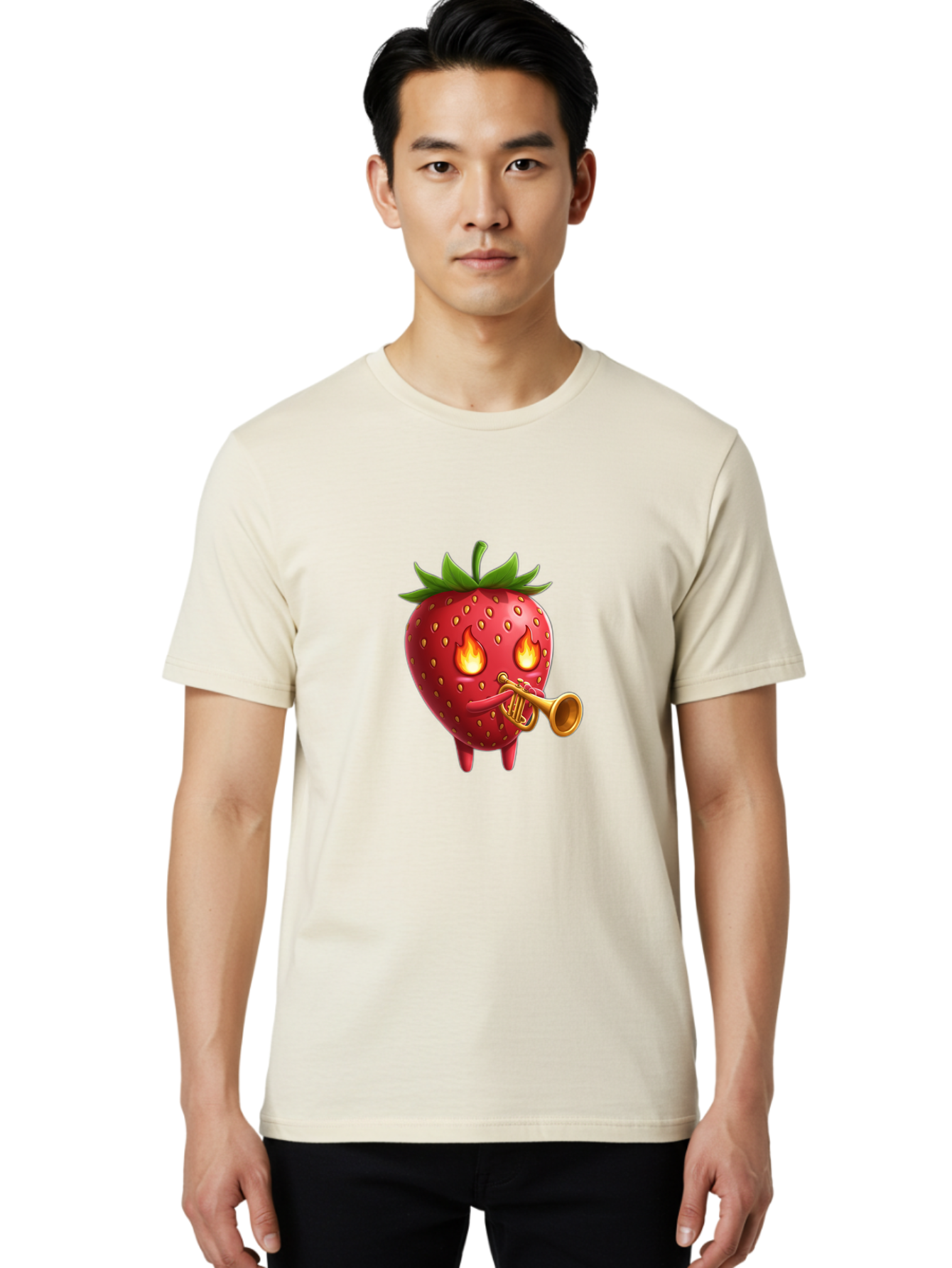 Strawberry-Playing-Trumpet Men'S Graphic Tee, 100% Cotton, Comfortable Casual Summer Wear, Machine Washable, Cartoon Strawberry, Playing Trumpet, Fire Eyes, Vibrant Red, Whimsical Character, Fun Illustration, Quirky Design, Humorous Art, Bac482