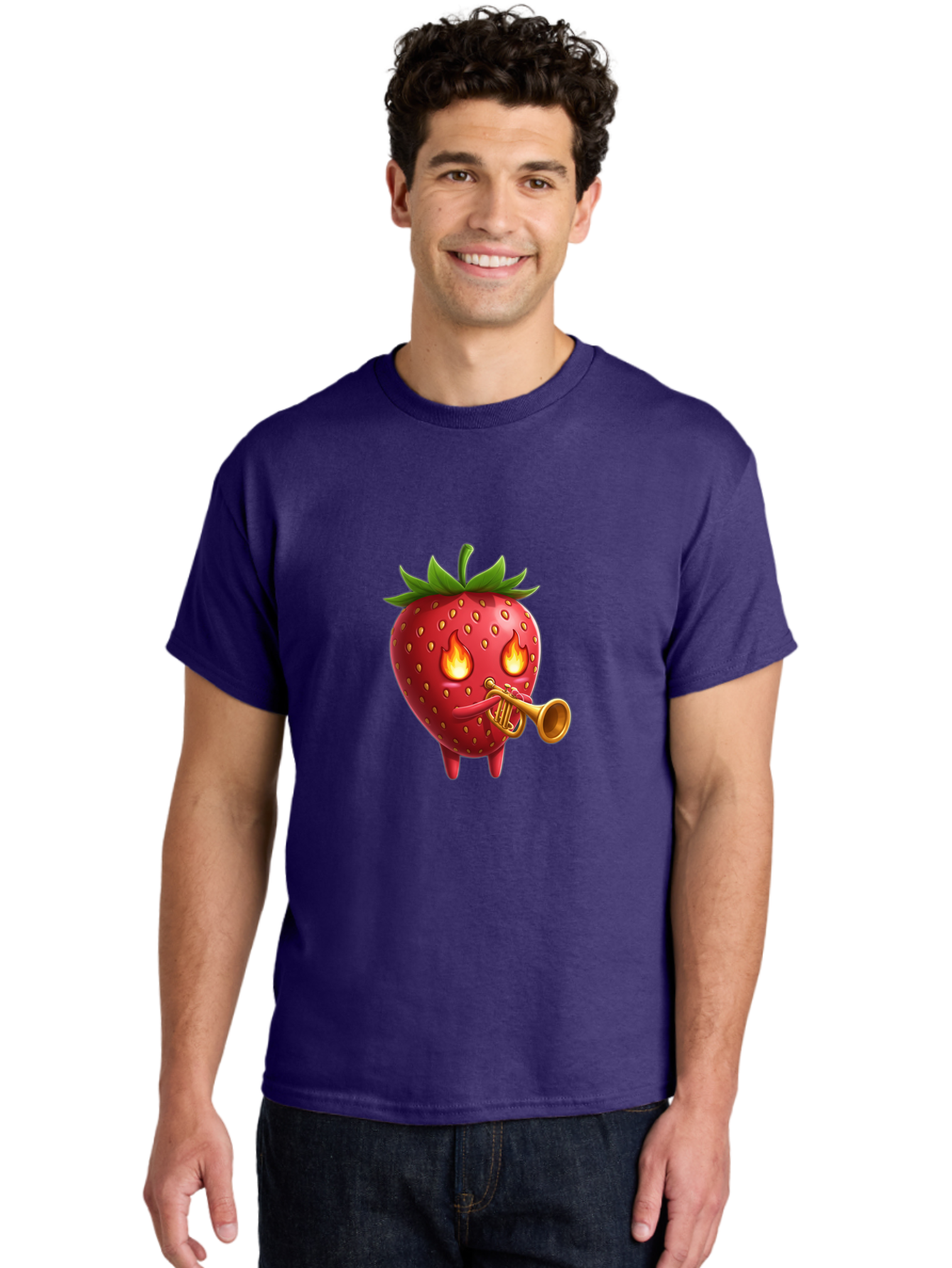 Strawberry-Playing-Trumpet Men'S Graphic Tee, 100% Cotton, Comfortable Casual Summer Wear, Machine Washable, Cartoon Strawberry, Playing Trumpet, Fire Eyes, Vibrant Red, Whimsical Character, Fun Illustration, Quirky Design, Humorous Art, Bac482