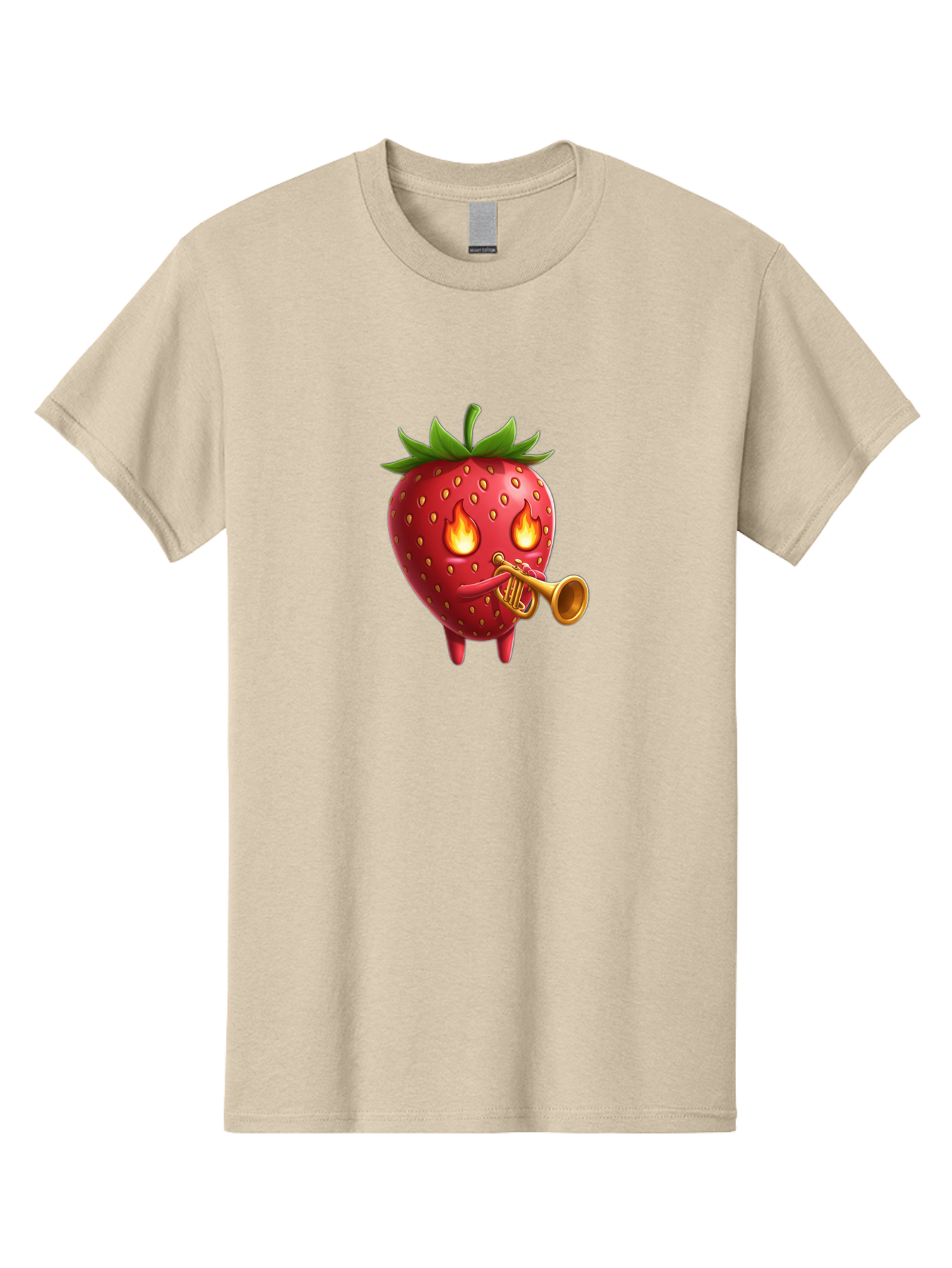 Strawberry-Playing-Trumpet Men'S Graphic Tee, 100% Cotton, Comfortable Casual Summer Wear, Machine Washable, Cartoon Strawberry, Playing Trumpet, Fire Eyes, Vibrant Red, Whimsical Character, Fun Illustration, Quirky Design, Humorous Art, Bac482