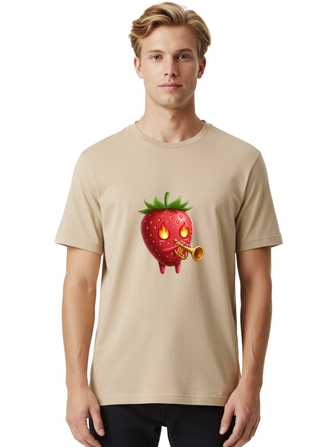 Strawberry-Playing-Trumpet Men'S Graphic Tee, 100% Cotton, Comfortable Casual Summer Wear, Machine Washable, Cartoon Strawberry, Playing Trumpet, Fire Eyes, Vibrant Red, Whimsical Character, Fun Illustration, Quirky Design, Humorous Art, Bac482