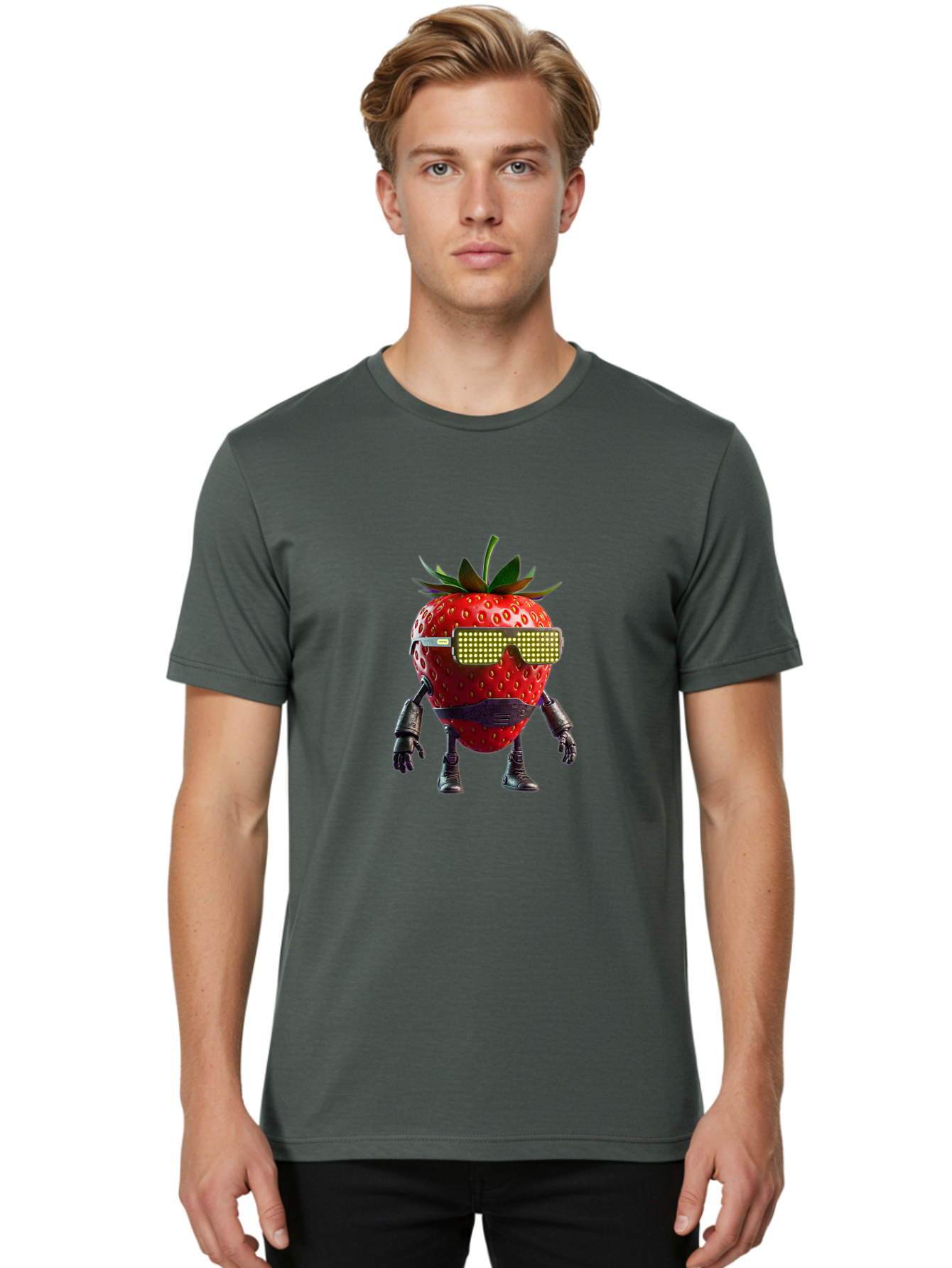 Strawberry-Robot Men'S Graphic Tee, 100% Cotton, Comfortable Casual Summer Wear, Machine Washable, Strawberry Robot, Futuristic Design, Cybernetic Enhancements, Led Glasses, Robotic Limbs, Strawberry Character, Digital Art, Bac483