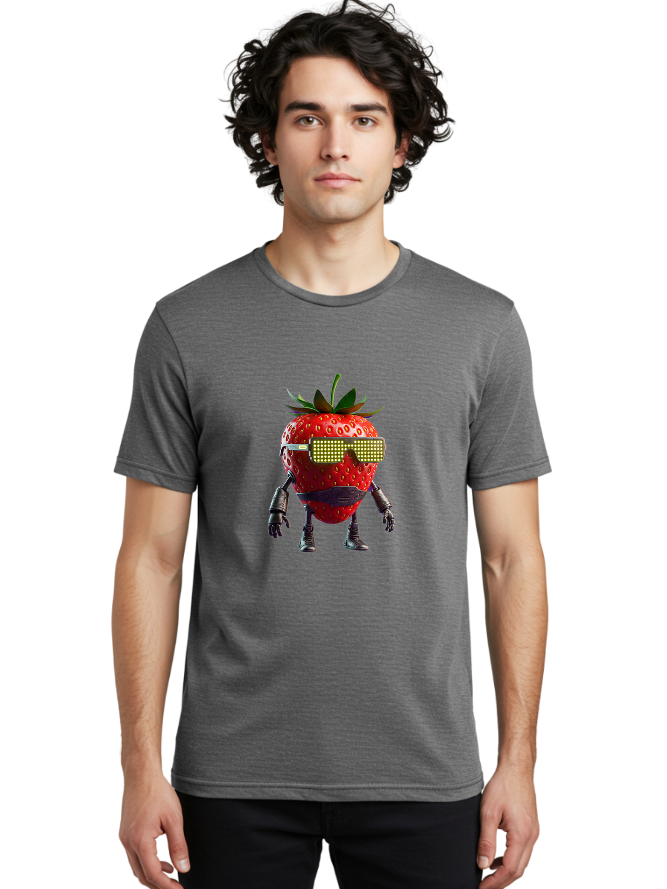 Strawberry-Robot Men'S Graphic Tee, 100% Cotton, Comfortable Casual Summer Wear, Machine Washable, Strawberry Robot, Futuristic Design, Cybernetic Enhancements, Led Glasses, Robotic Limbs, Strawberry Character, Digital Art, Bac483