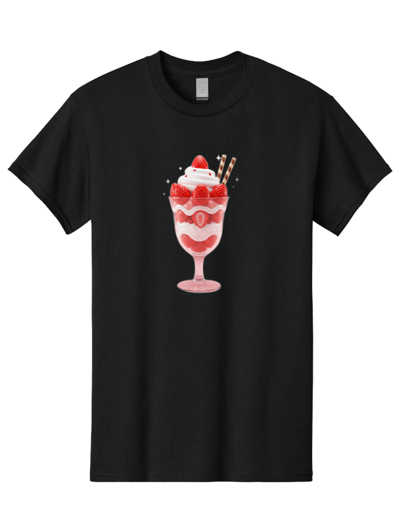 Strawberry-Sundae Men'S Graphic Tee, 100% Cotton, Comfortable Casual Summer Wear, Machine Washable, Strawberry Dessert, Sweet Treat, Layered Parfait, Whipped Cream Topping, Fresh Strawberries, Red And White Colors, Striped Straws, Bac485