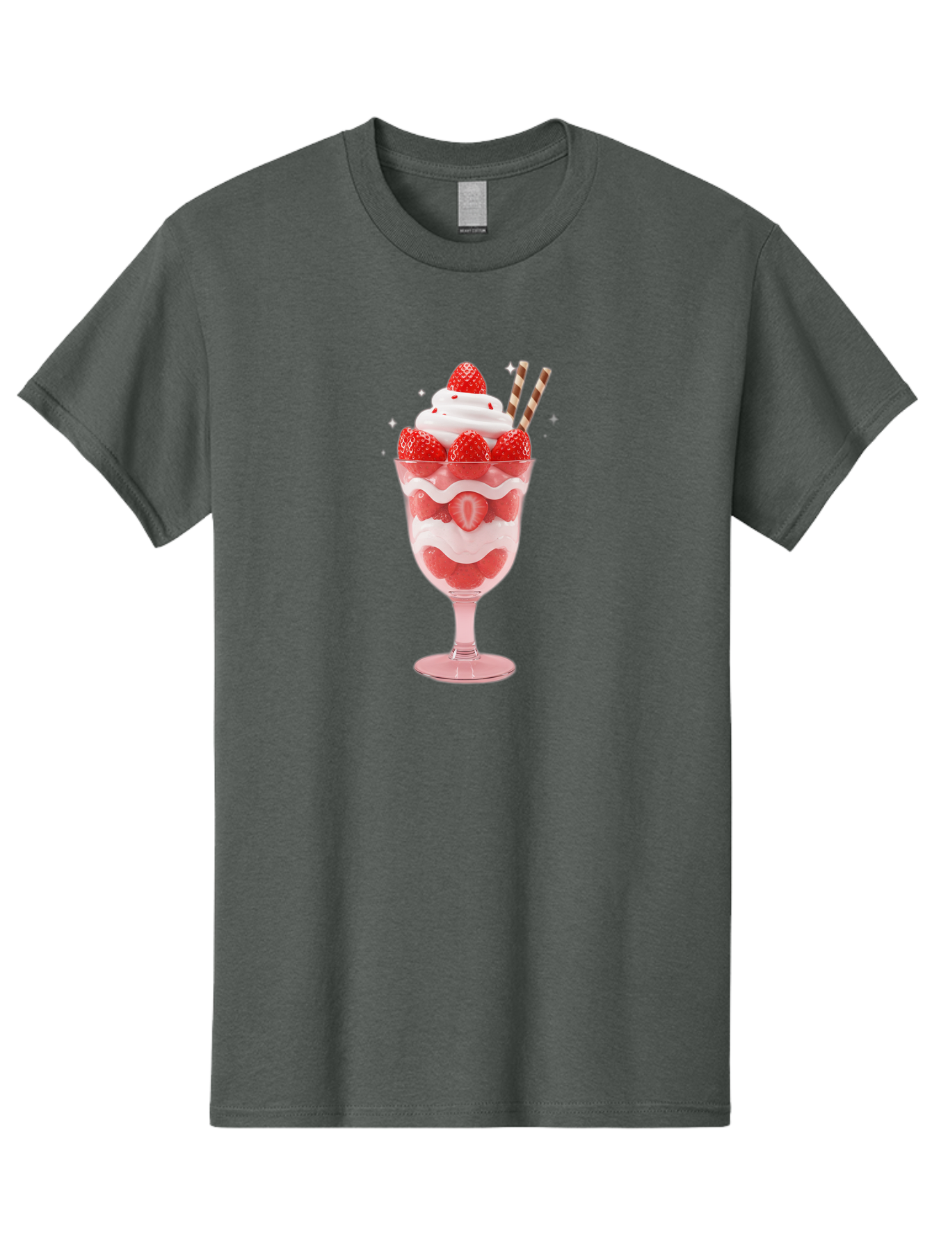 Strawberry-Sundae Men'S Graphic Tee, 100% Cotton, Comfortable Casual Summer Wear, Machine Washable, Strawberry Dessert, Sweet Treat, Layered Parfait, Whipped Cream Topping, Fresh Strawberries, Red And White Colors, Striped Straws, Bac485